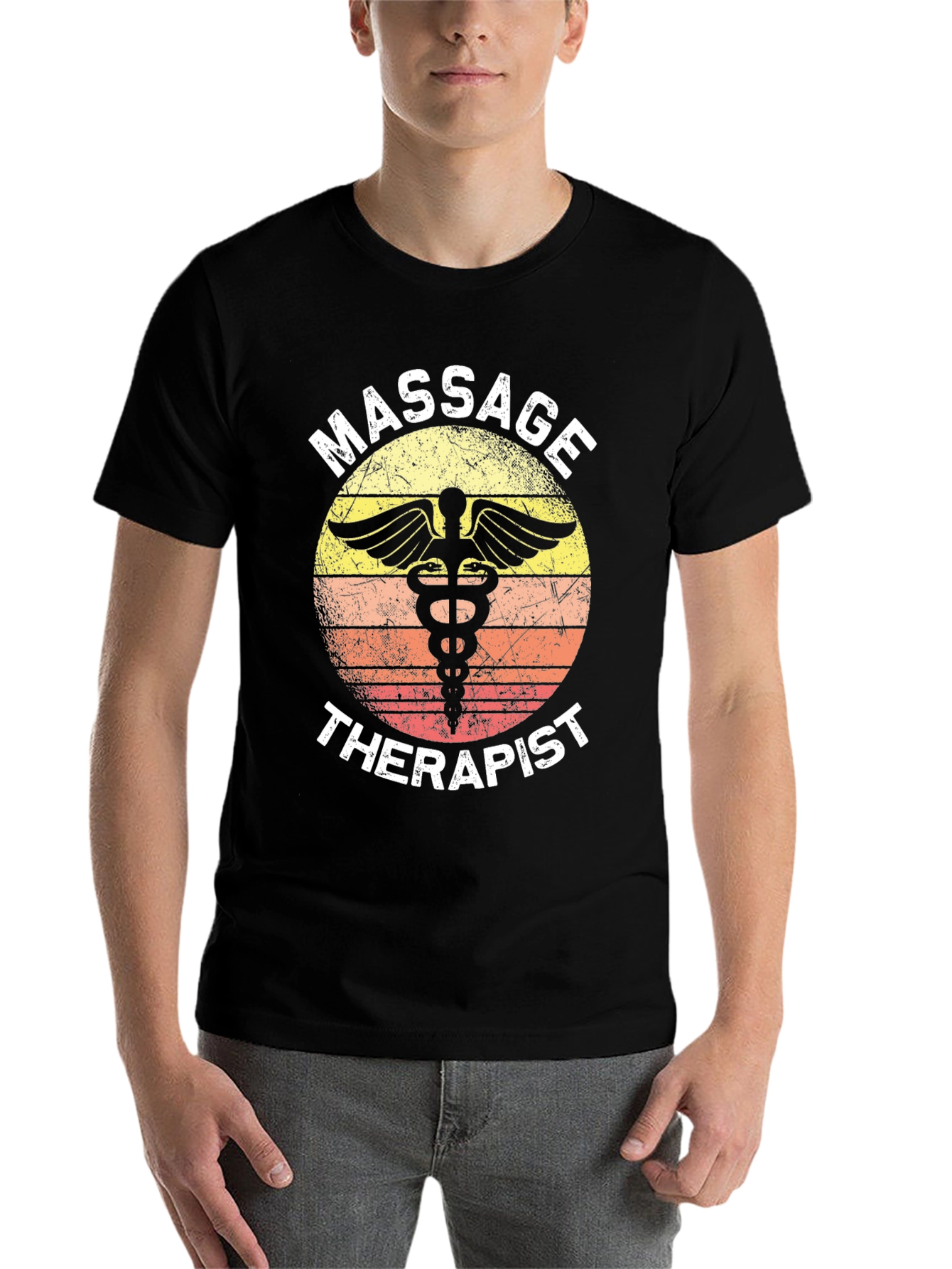 Black Massage Therapist T-Shirt Retro Caduceus Gift view 7
