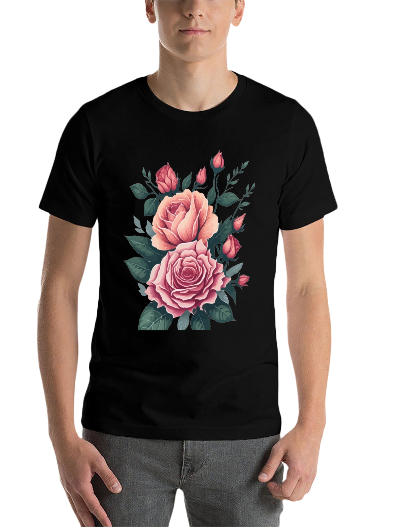 Black Elegant Rose Bouquet Graphic Tee - Soft Cotton Comfort view 7
