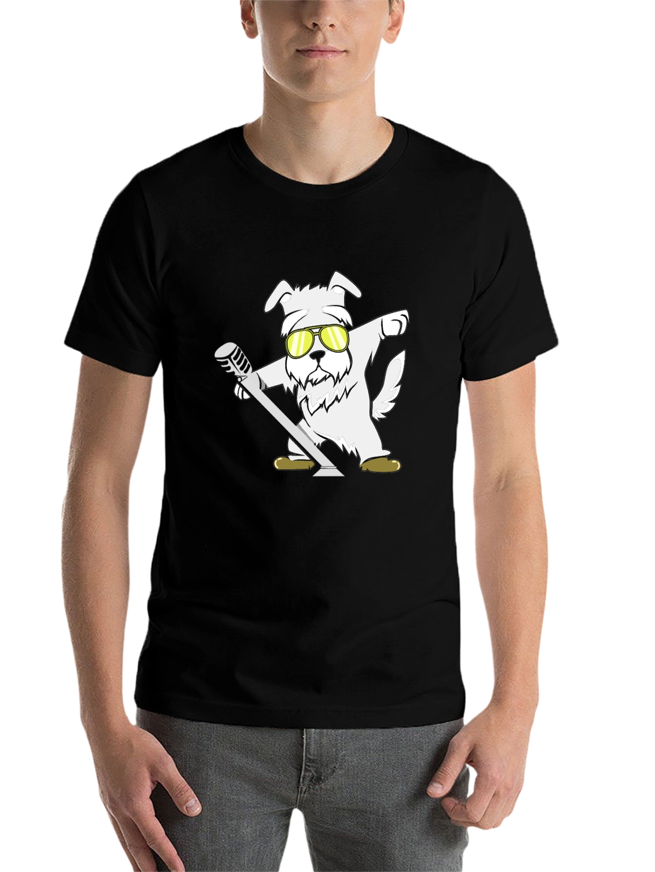 Black Cool Dog T-Shirt - Dabbing with Microphone view 7