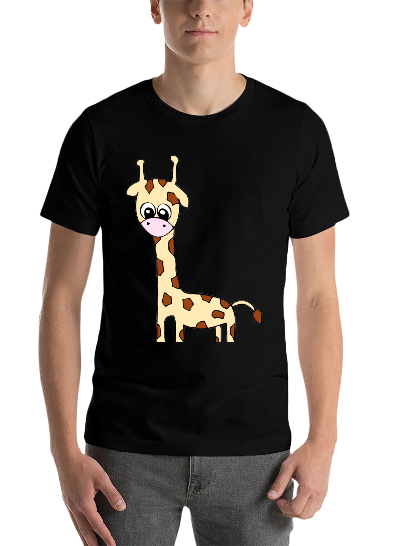 Black Cartoon Giraffe Print Crew Neck T-Shirt view 7
