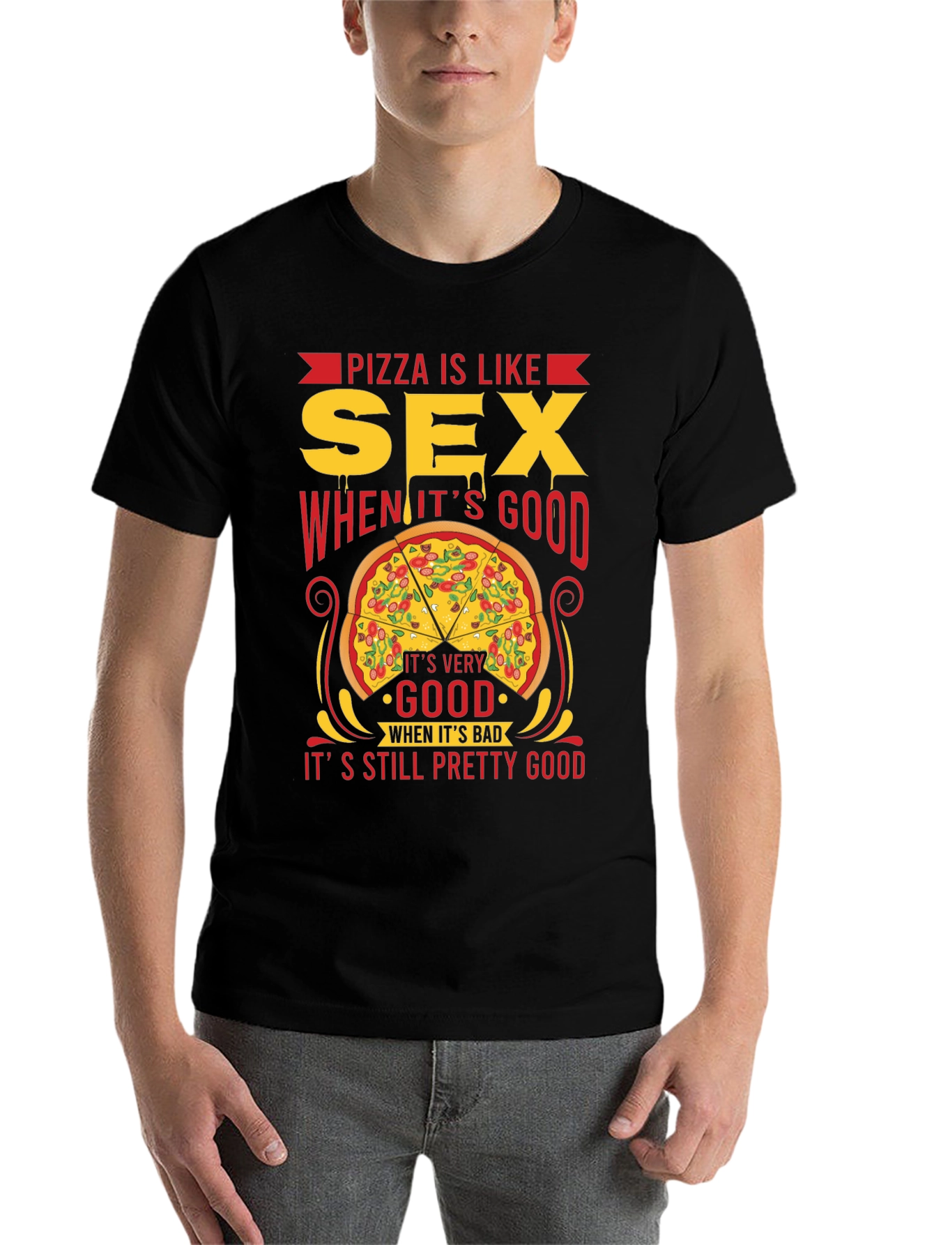 Black Pizza & Sex Funny Graphic T-Shirt view 7