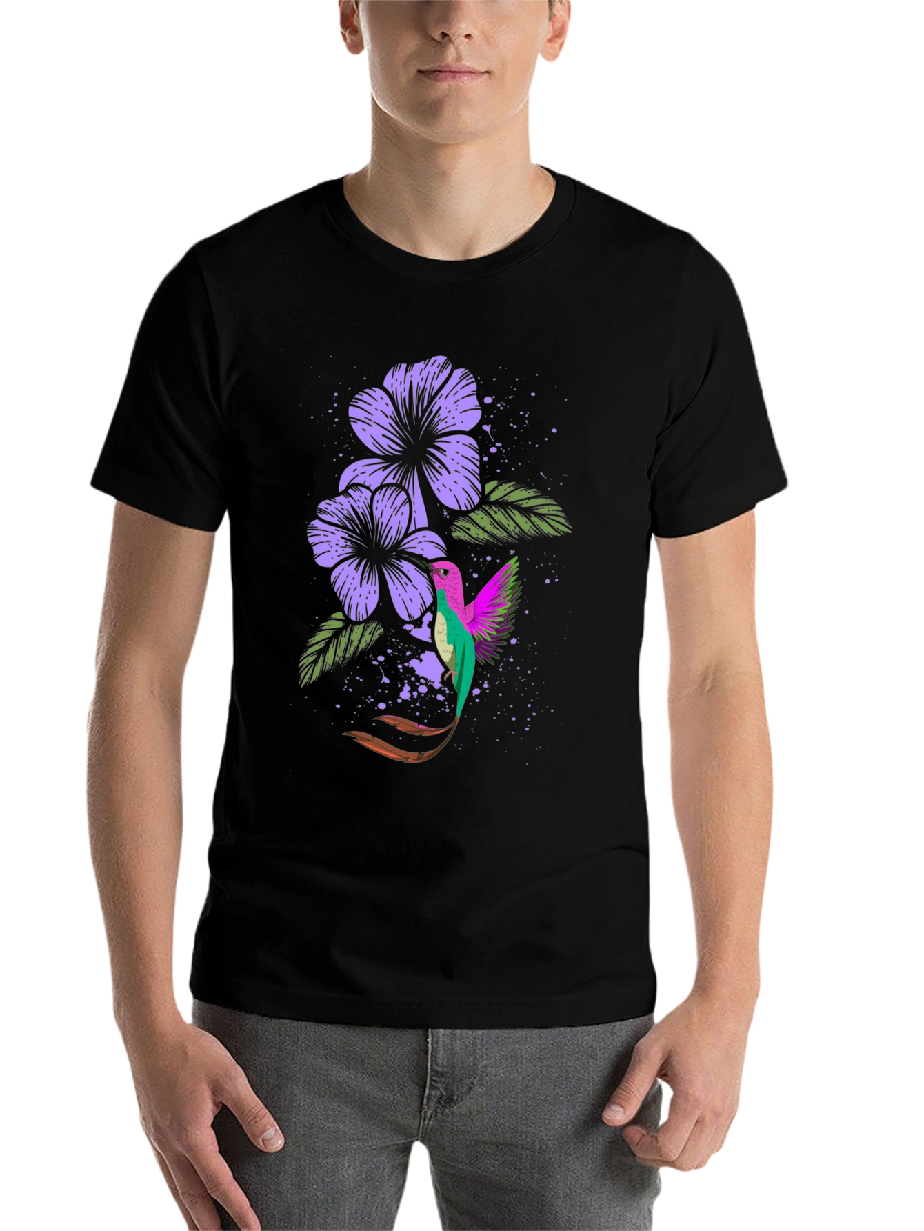 Black Hummingbird & Floral Print Black T-Shirt view 7