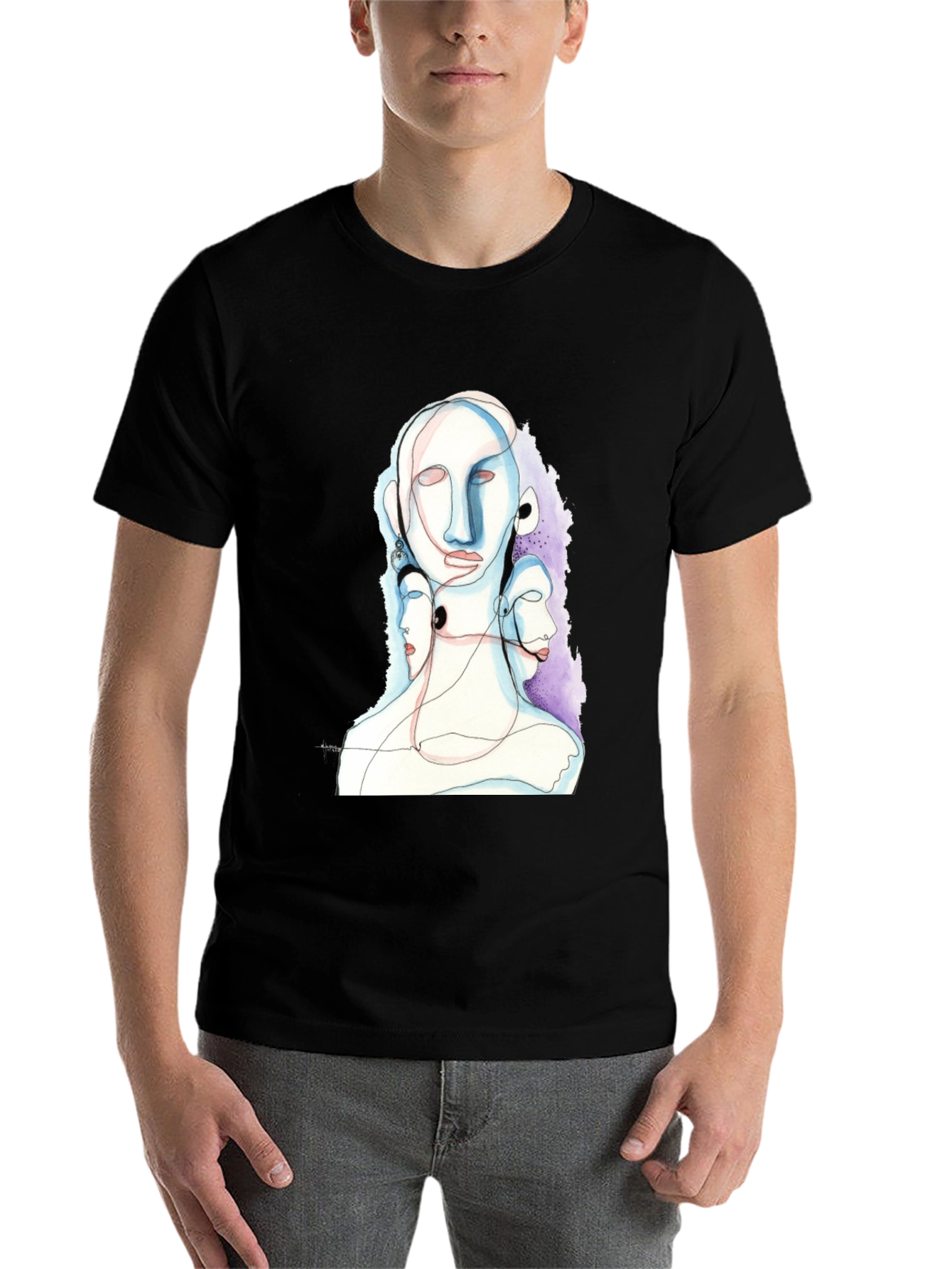 Black Abstract Faces Black Graphic Tee view 7