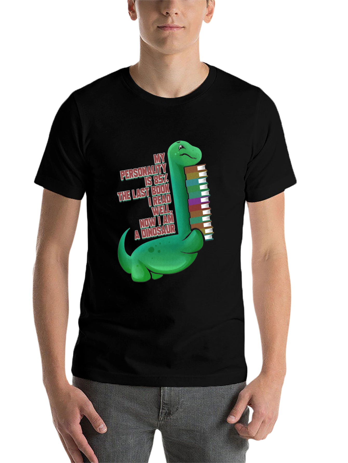 Black Dinosaur Book Lover T-Shirt - "My Personality is 85%" view 7
