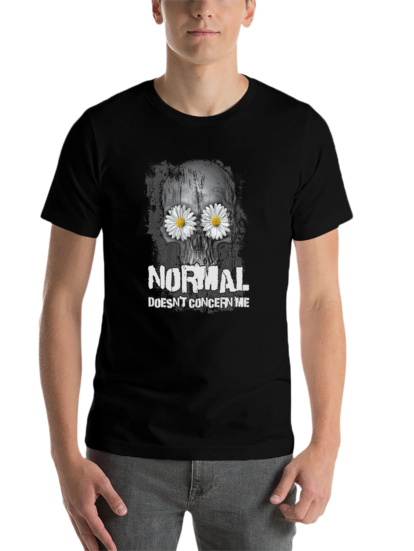 Black Skull & Daisies T-Shirt - Normal Doesn't Concern Me Graphic Tee view 7
