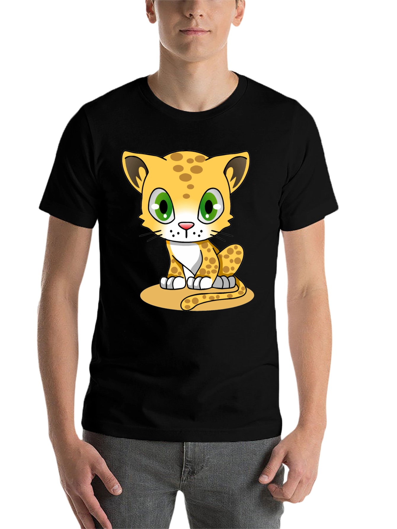 Black Cute Cartoon Leopard Print Black T-Shirt view 7