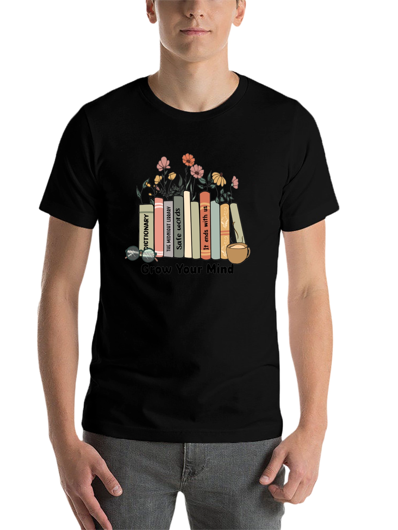 Black Grow Your Mind Bookshelf T-Shirt view 7