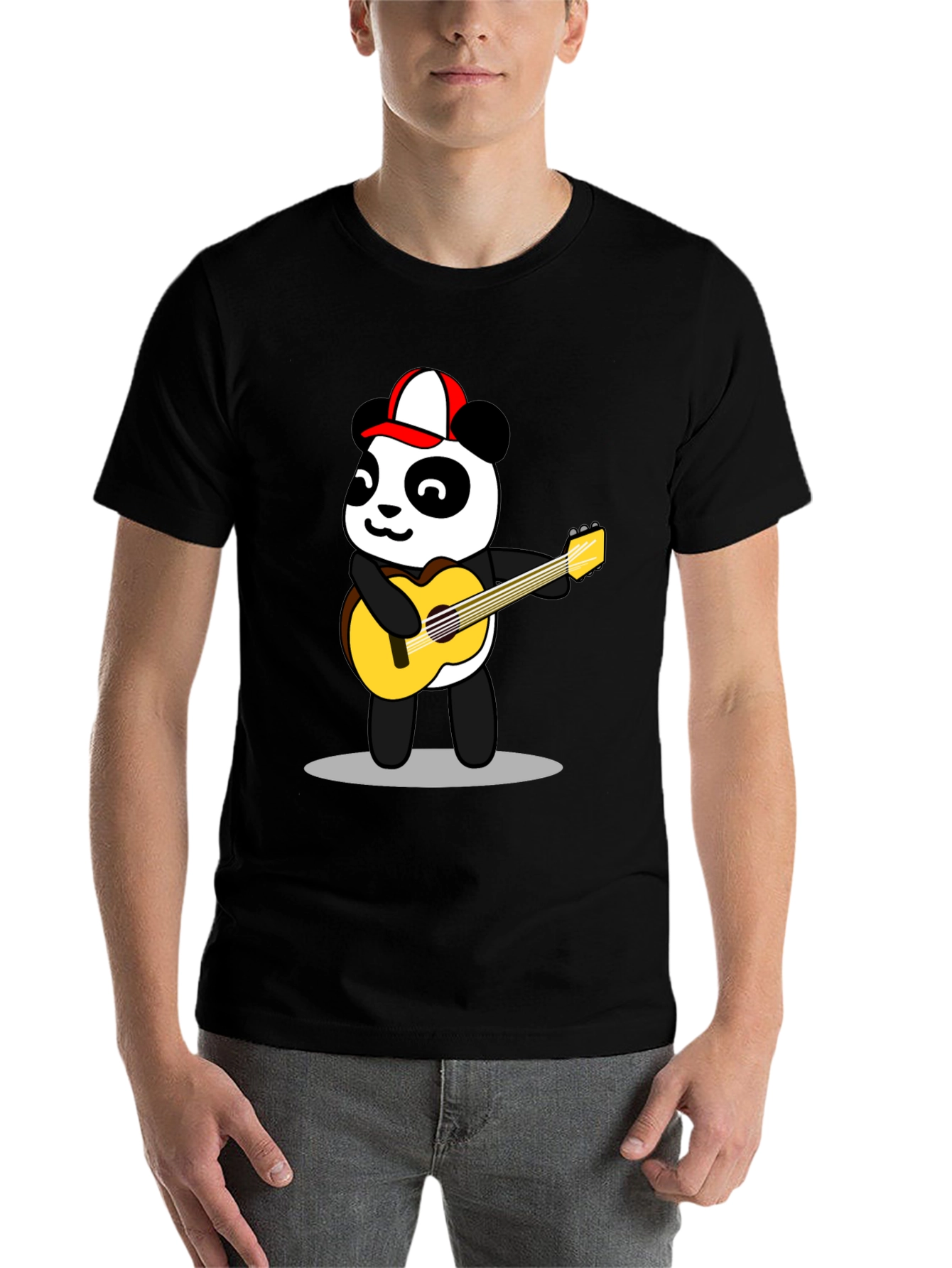 Black Cool Panda Guitarist Graphic Tee - Black Cotton T-Shirt view 7