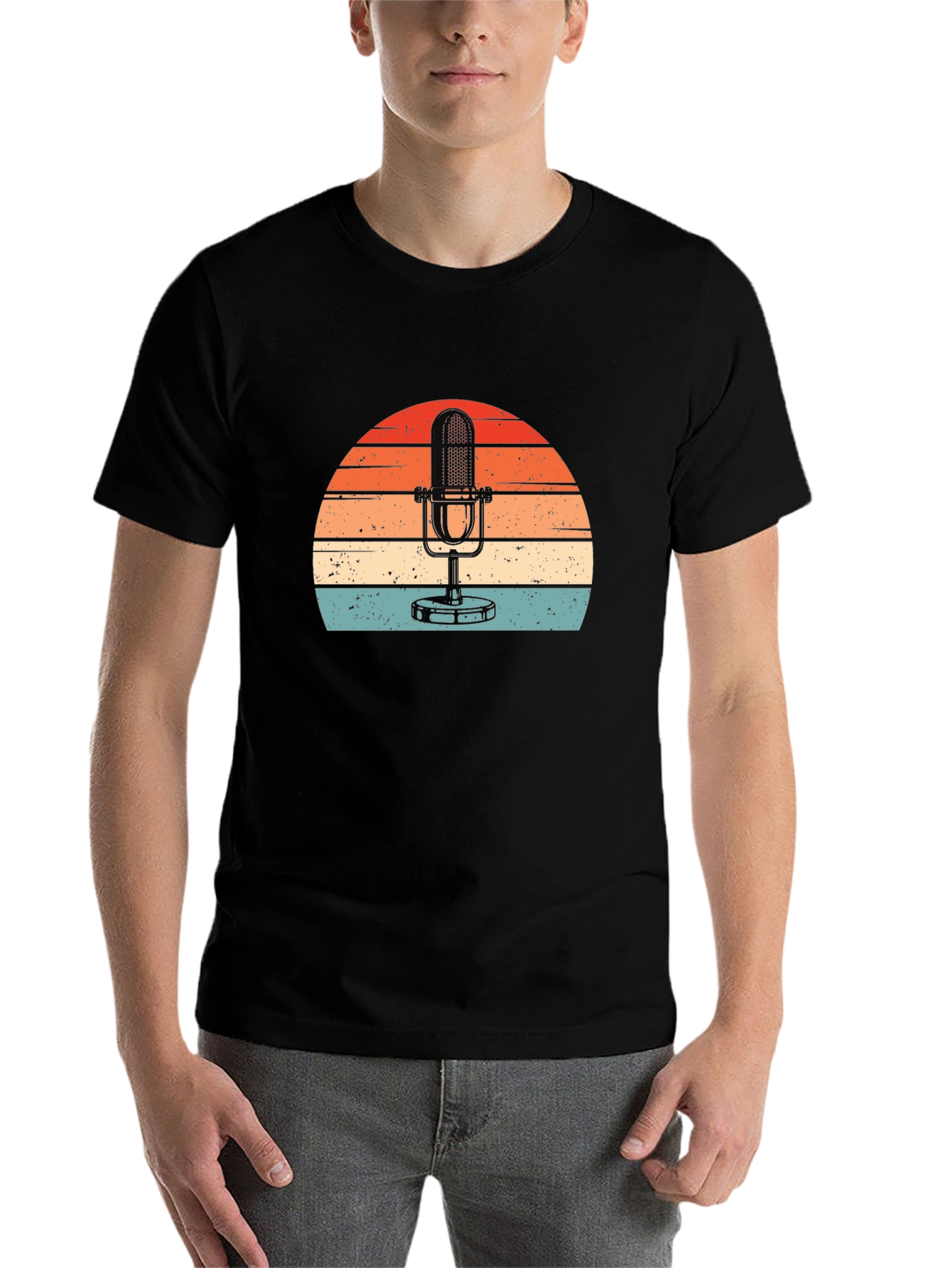 Black Vintage Microphone Sunset Graphic Tee view 7