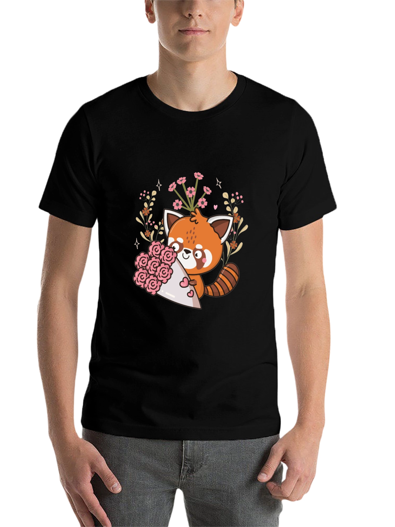 Black Cute Red Panda Floral Bouquet Graphic Tee view 7