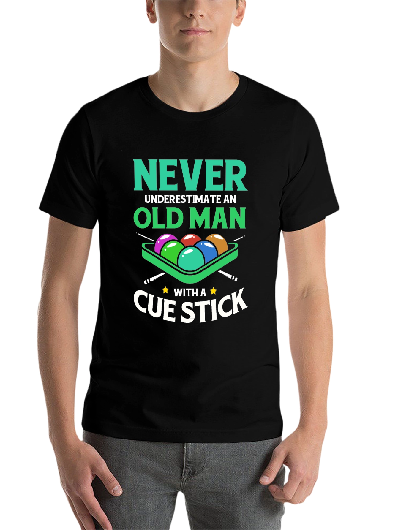 Black Never Underestimate Old Man Cue Stick Graphic Tee view 7