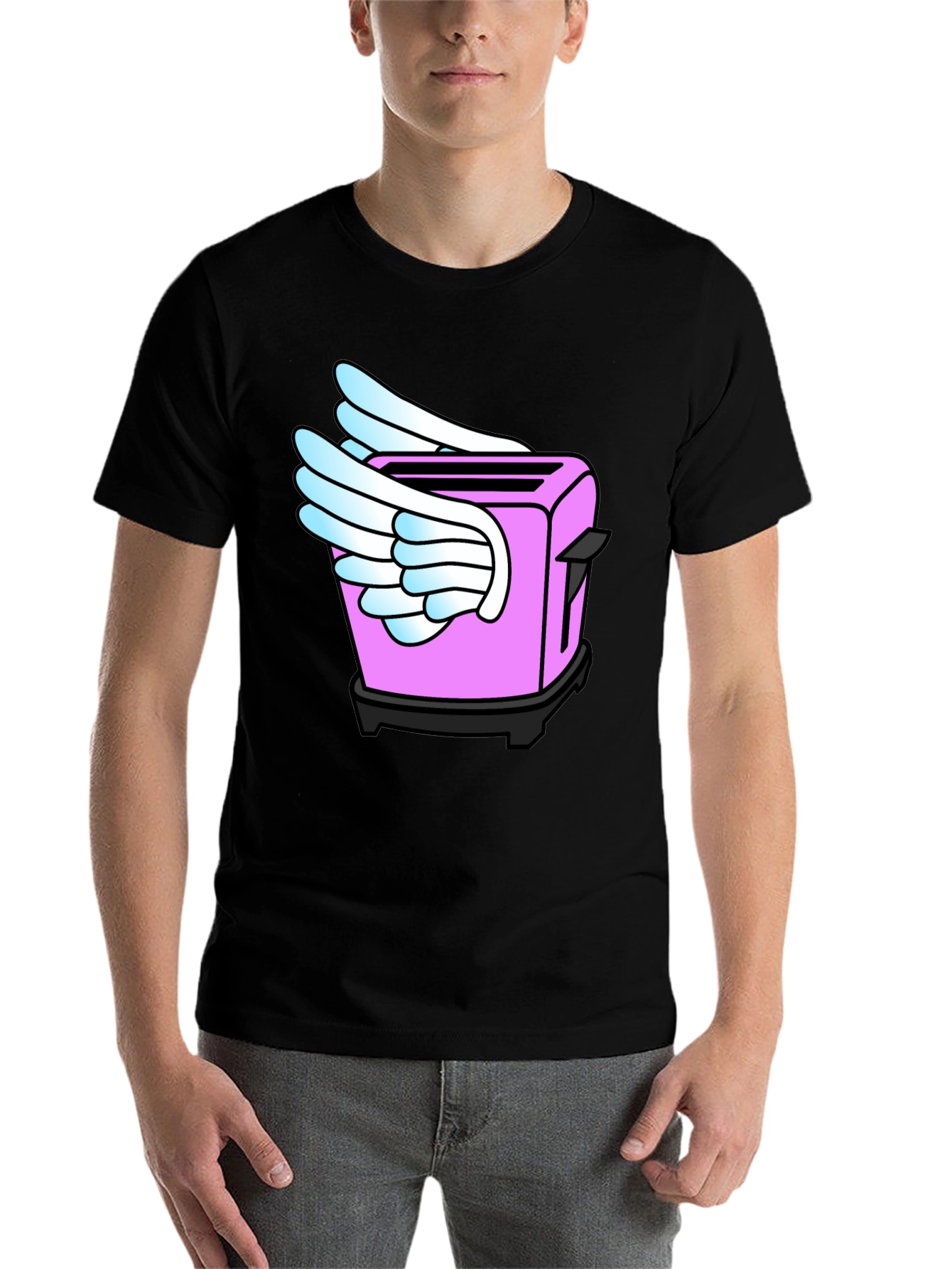 Black Whimsical Toaster Wings Black T-Shirt view 7
