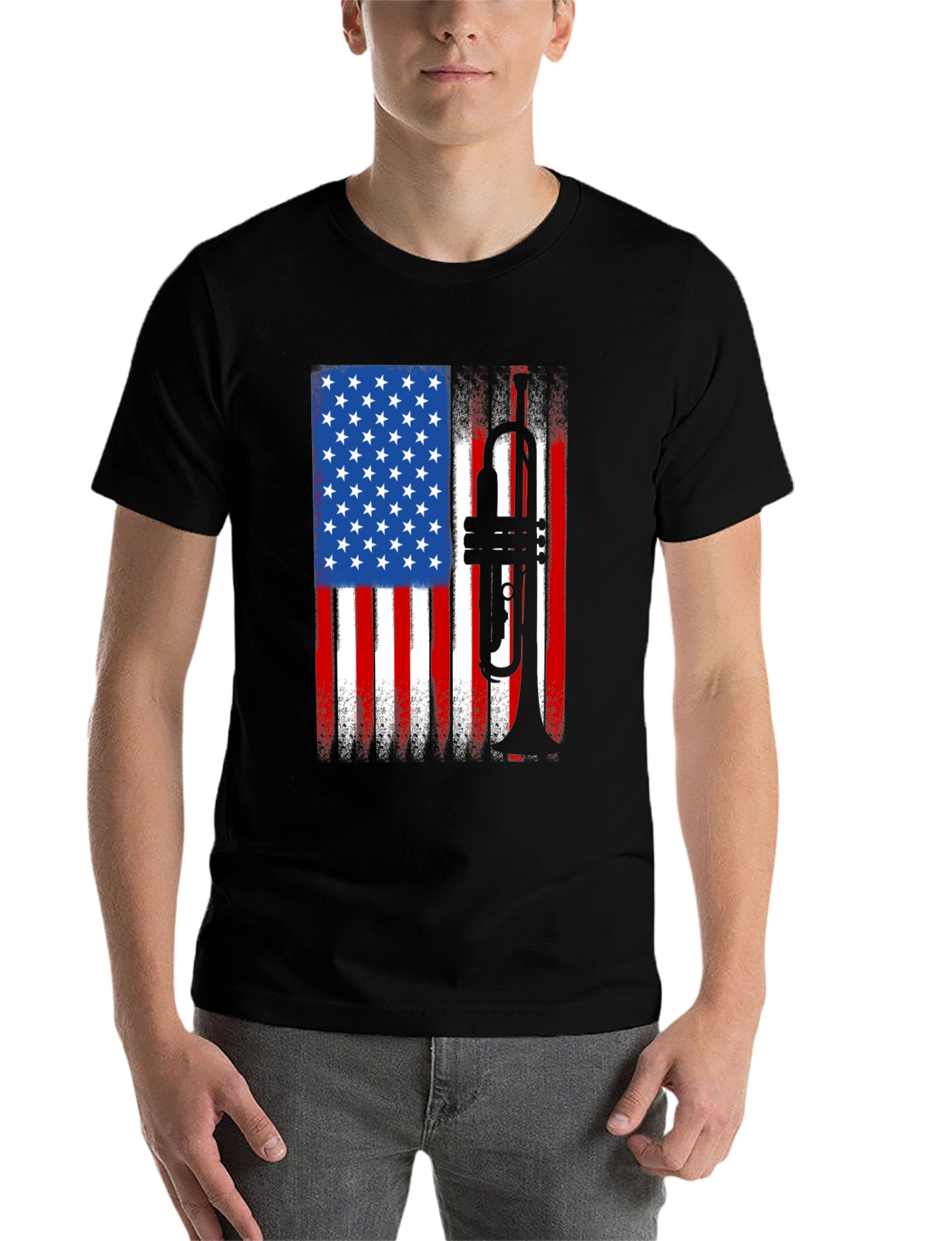 Black USA Flag Trumpet Graphic Tee - Patriotic Musician Shirt view 7