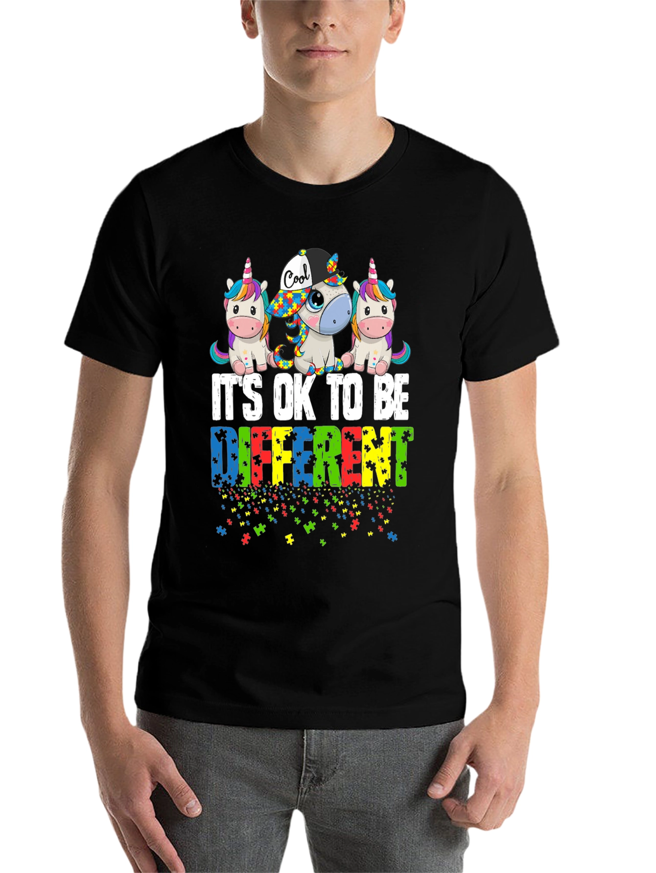 Black Autism Awareness Unicorn T-Shirt - It's OK To Be Different view 7