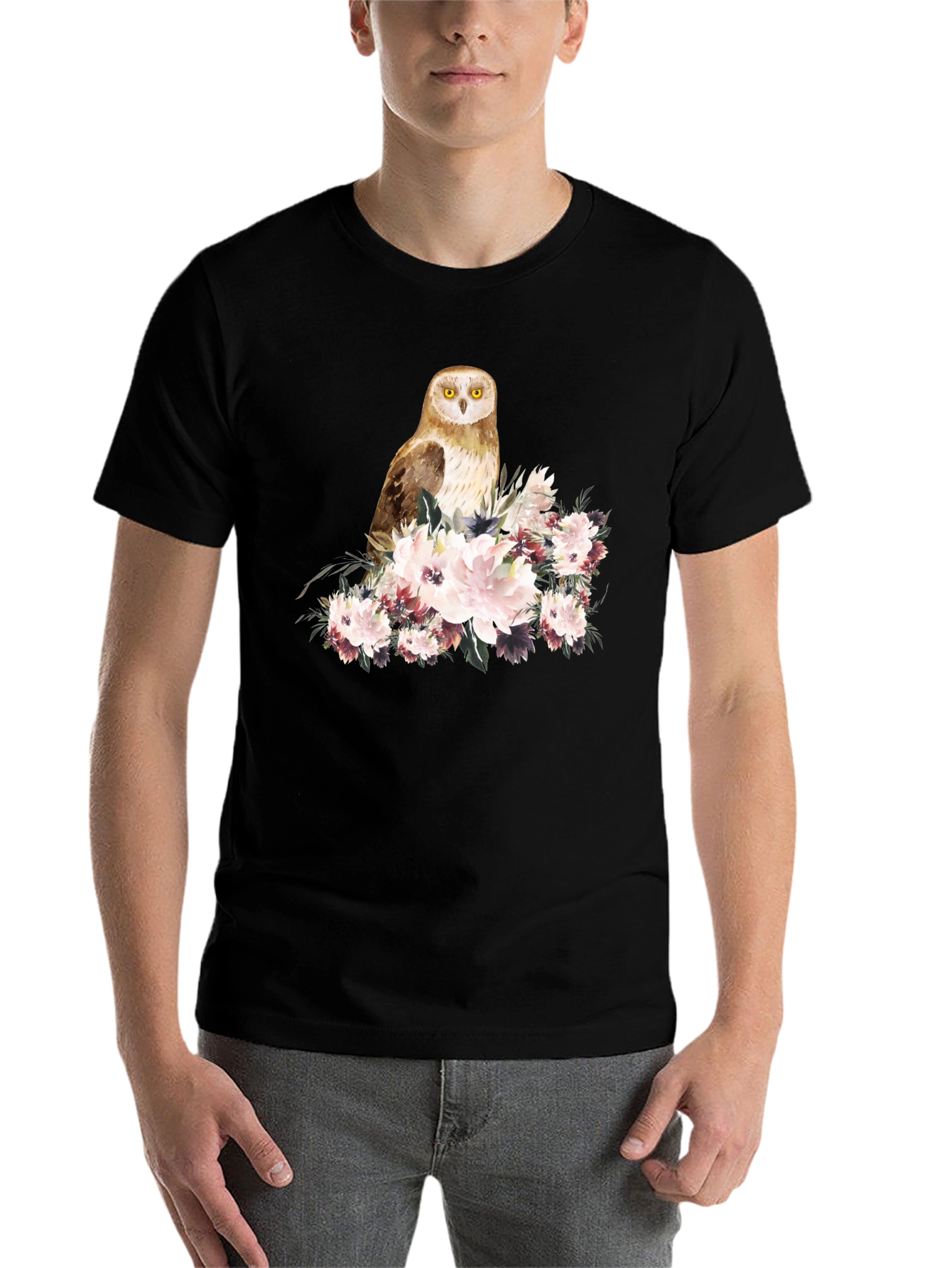 Black Owl and Floral Black T-Shirt view 7