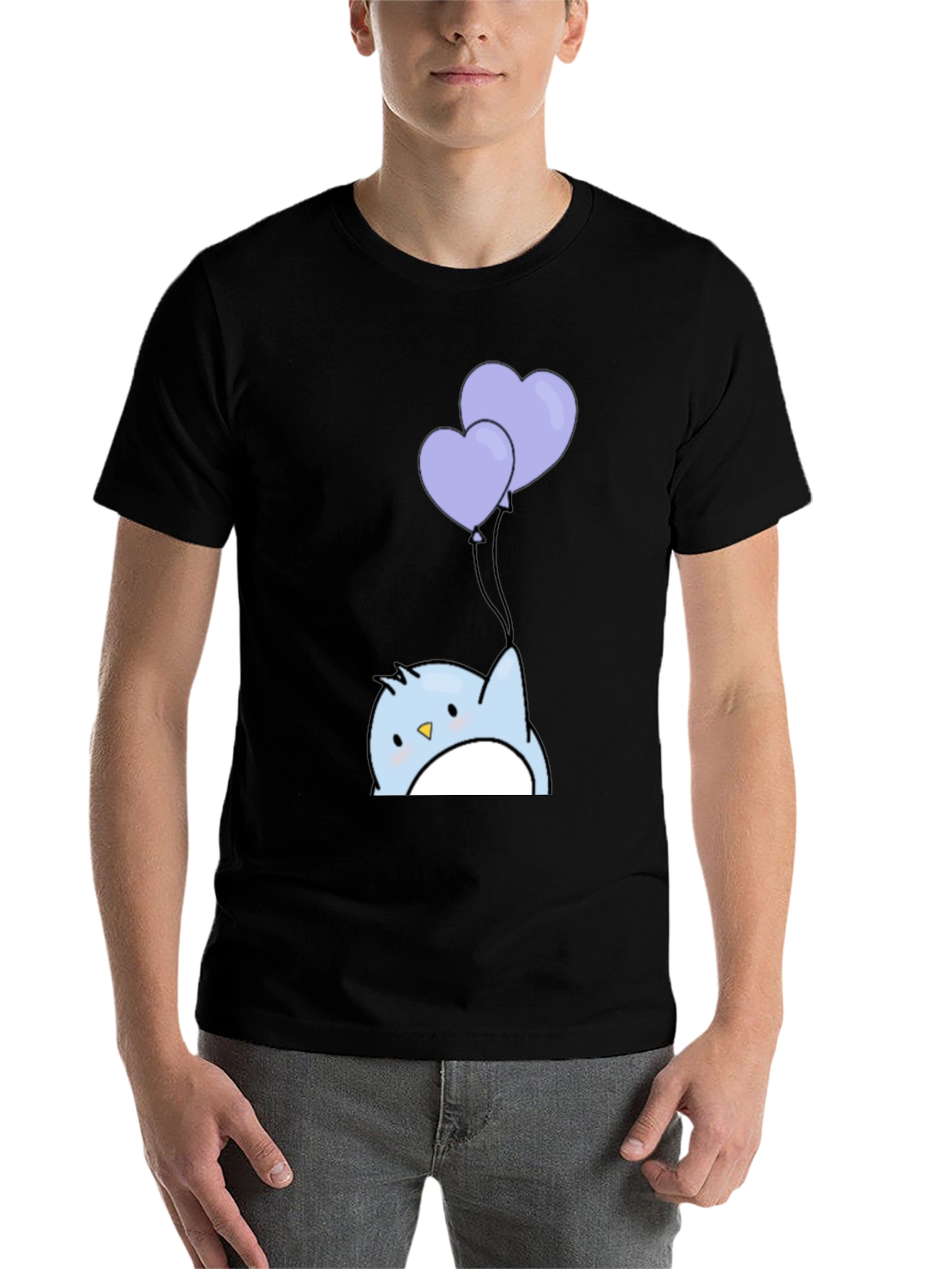 Black Cute Penguin Heart Balloons Graphic Tee - Black view 7