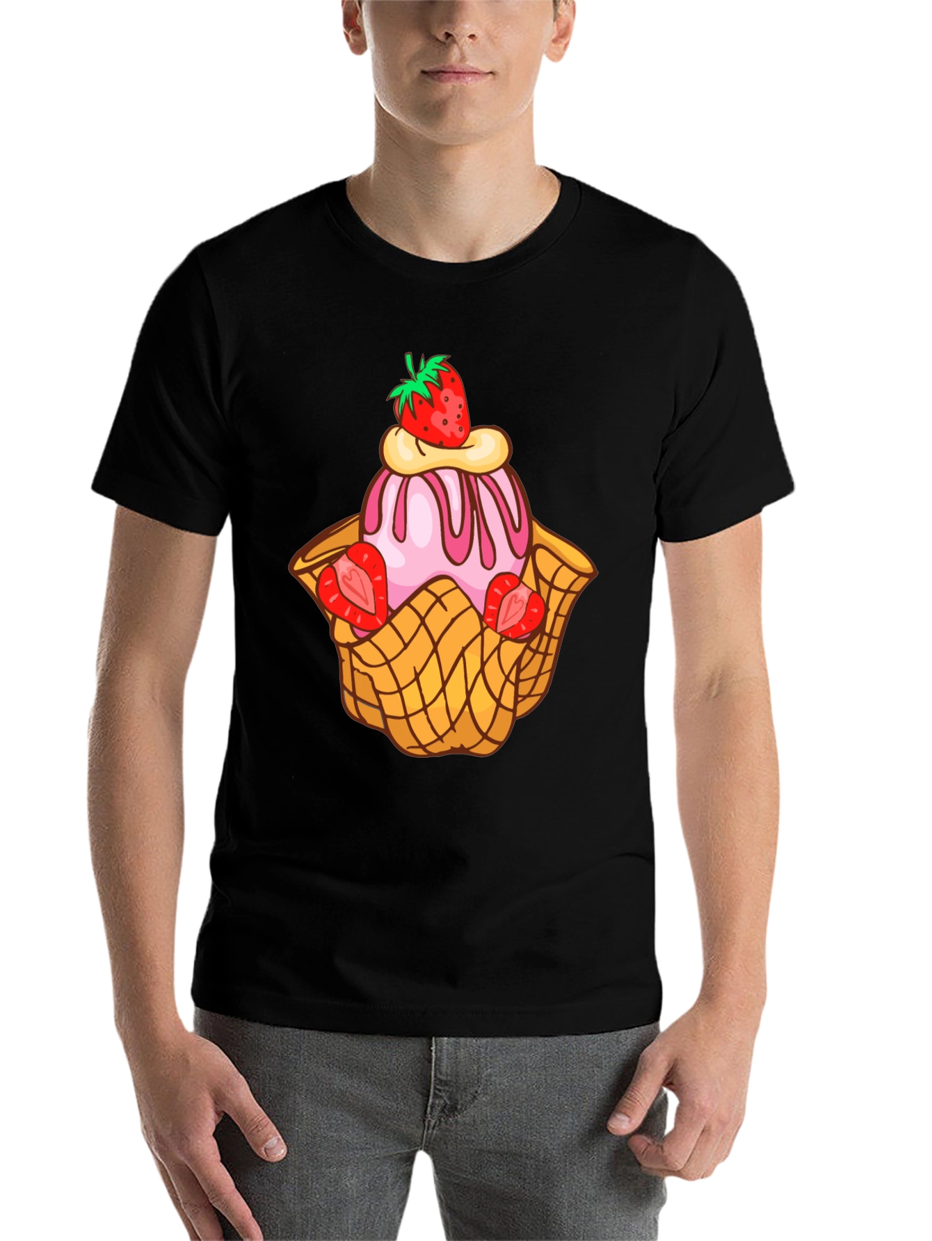 Black Strawberry Ice Cream Dessert T-Shirt view 7