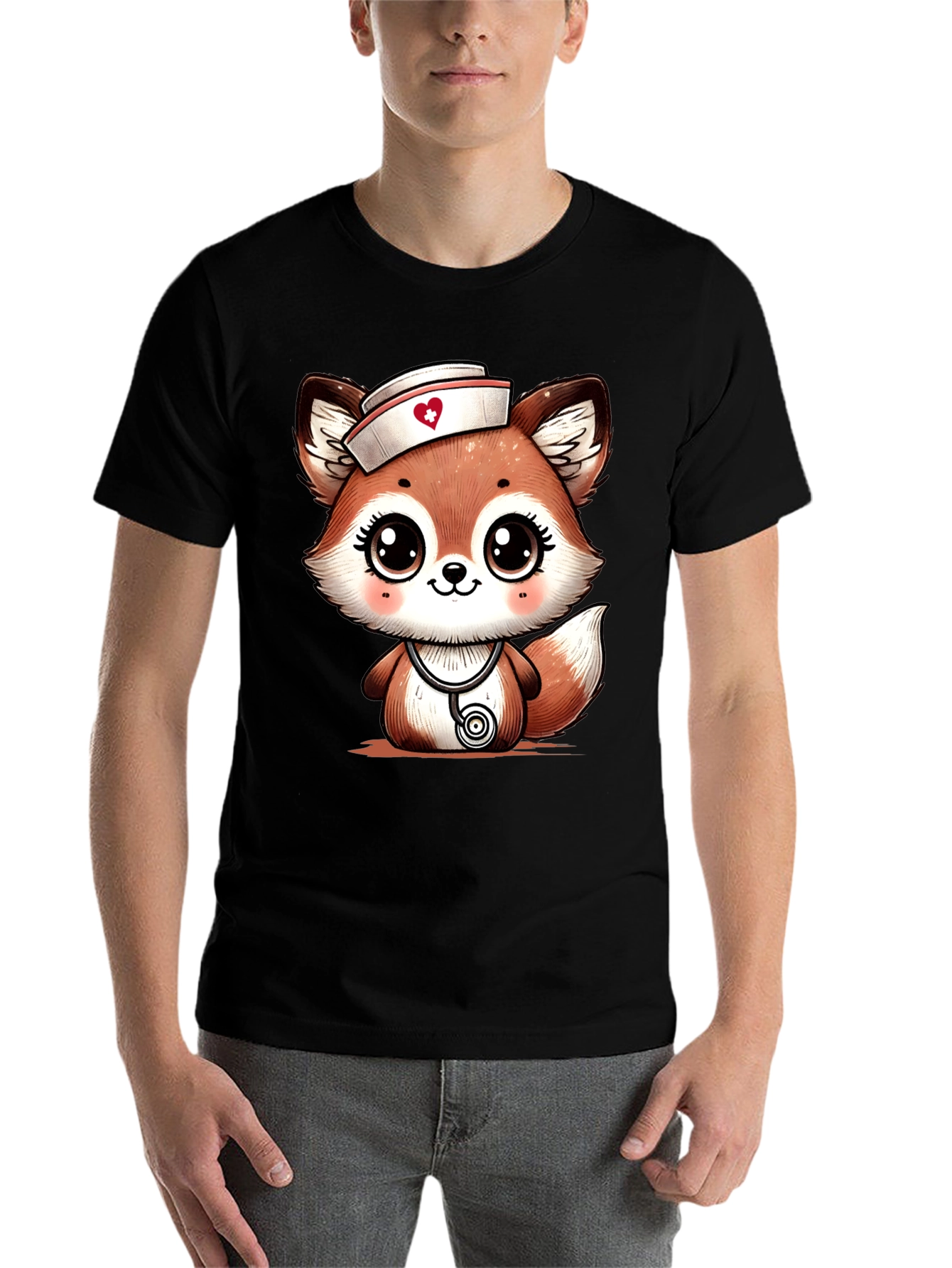 Black Cute Fox Nurse T-Shirt - Cartoon Animal Tee view 7