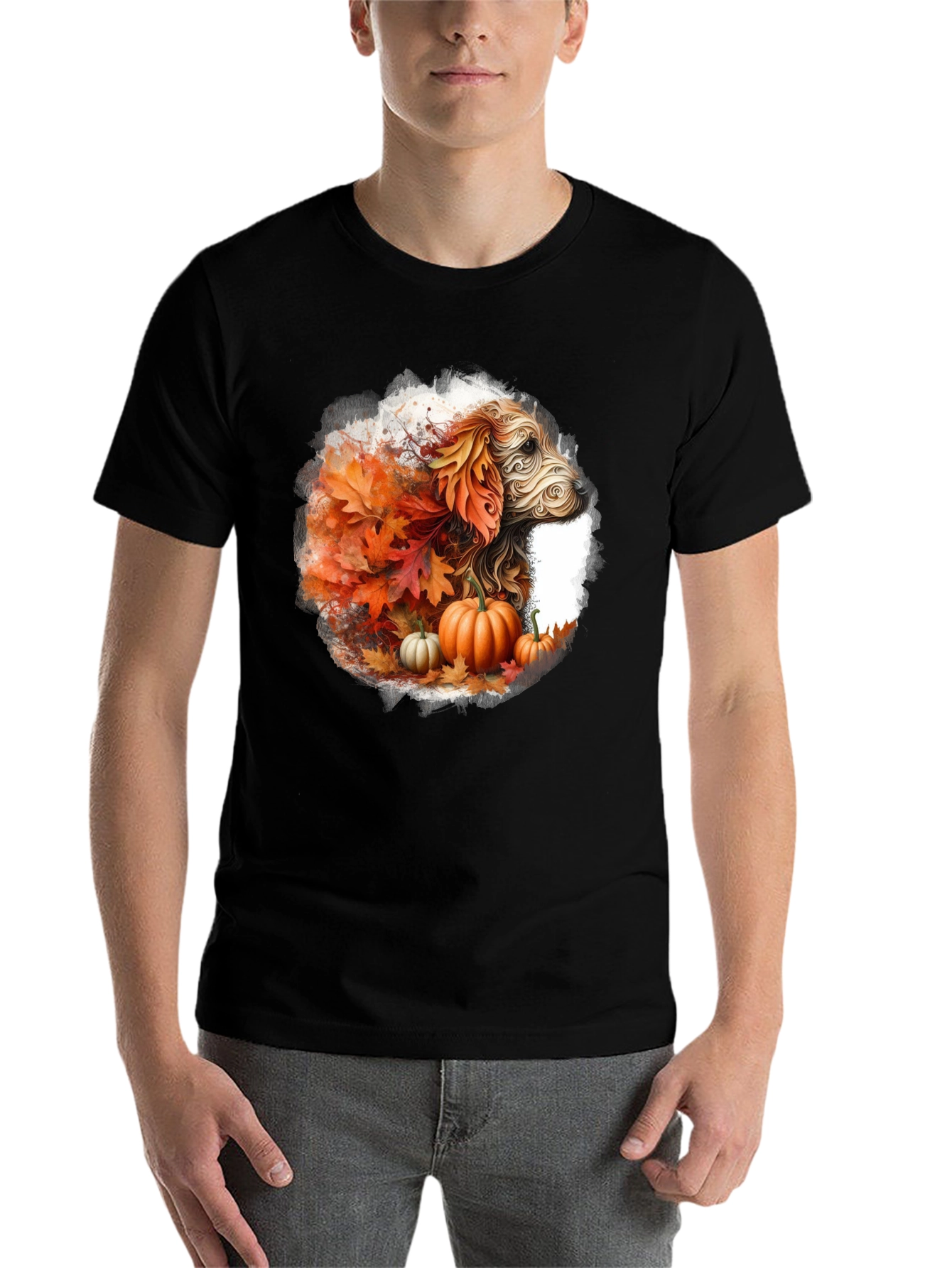 Black Fall Dog T-Shirt: Autumn Leaves & Pumpkin Design view 7