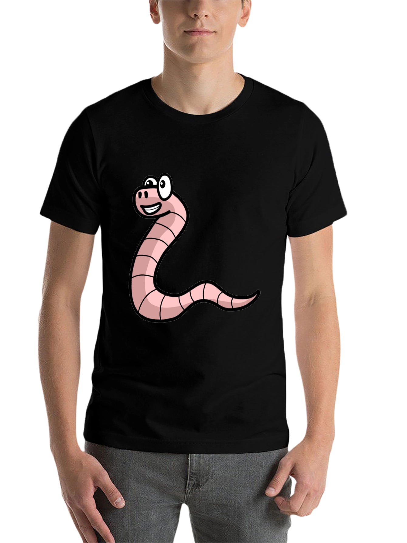 Black Funny Worm Cartoon Graphic Tee - Black Unisex T-Shirt view 7