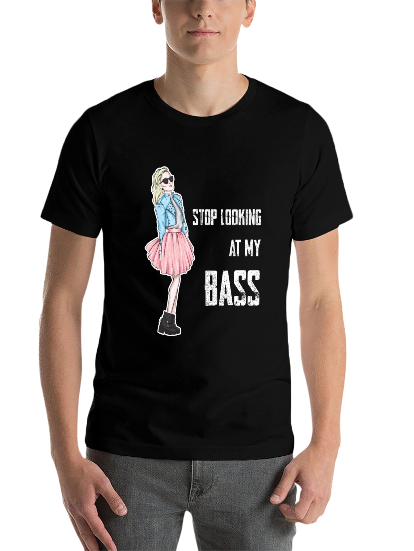 Black Stop Looking At My Bass Funny Graphic T-Shirt view 7