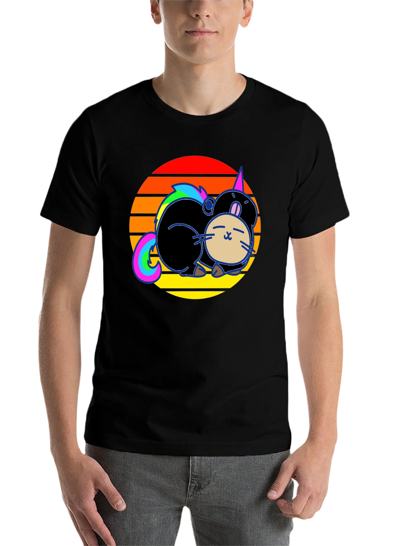 Black Cute Cartoon Unicorn Cat Sunset Graphic T-Shirt view 7