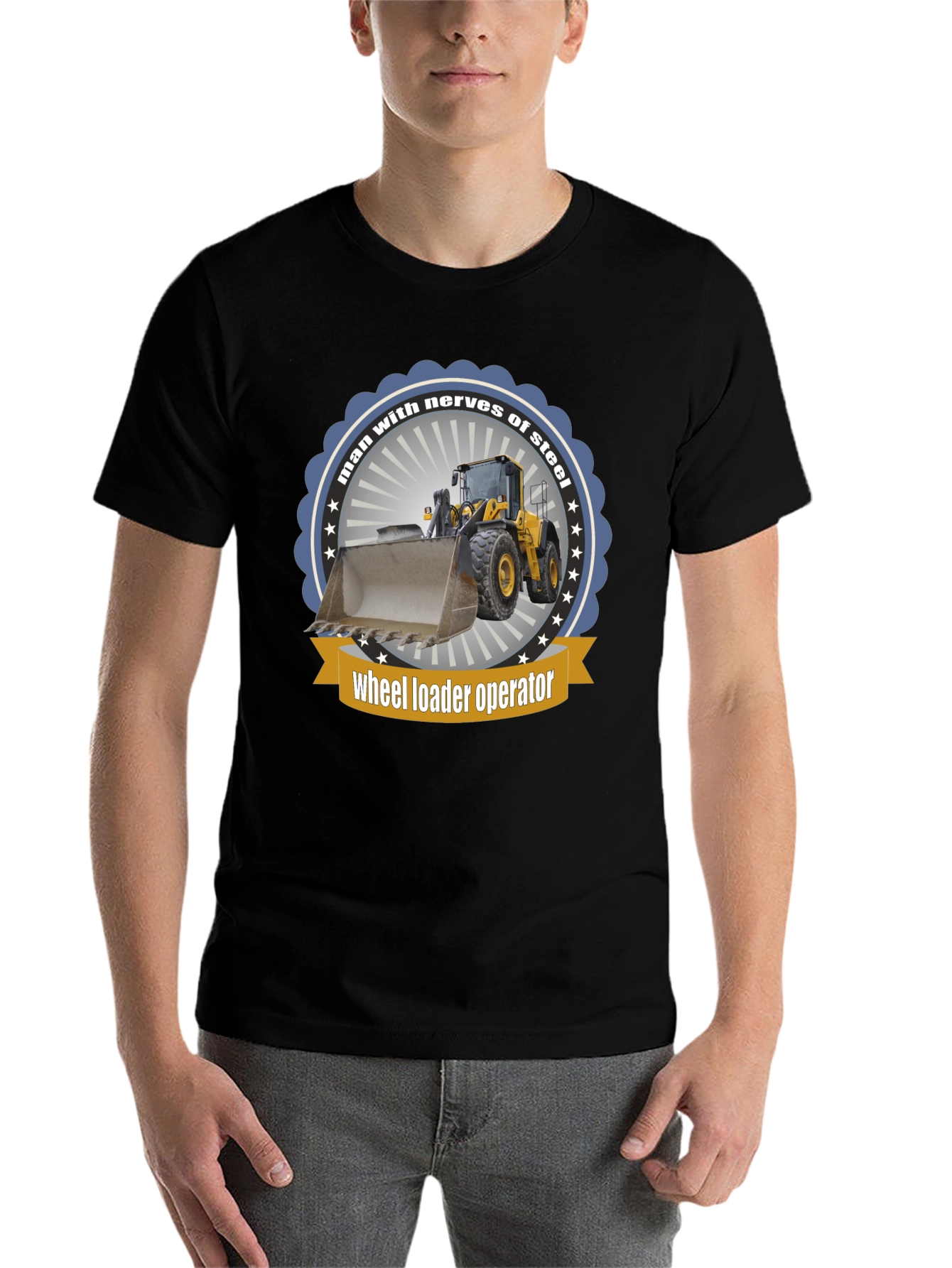 Black Wheel Loader Operator T-Shirt - Man with Nerves of Steel view 7