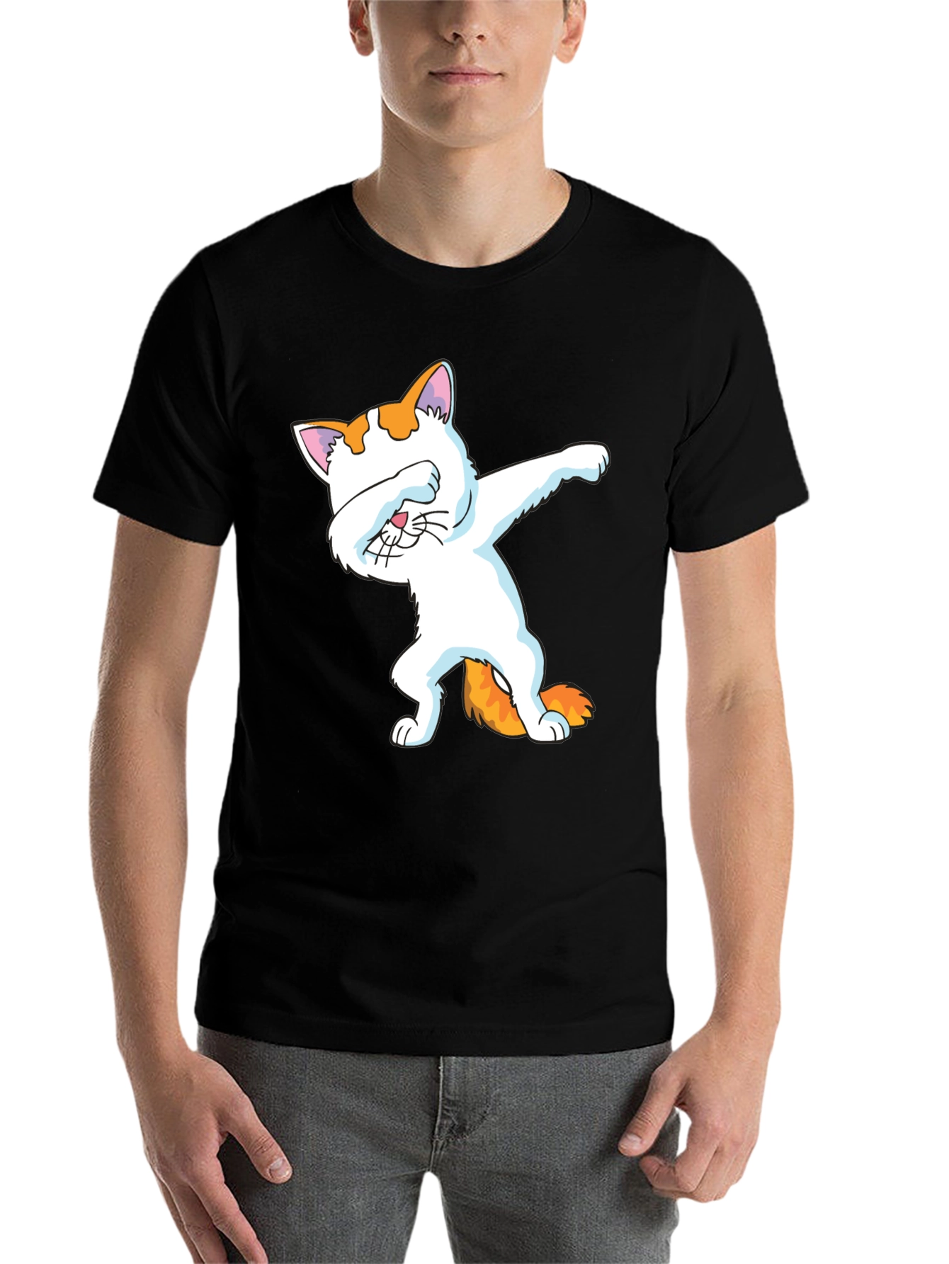 Black Dabbing Cat Graphic Tee - Black Cotton Shirt view 7