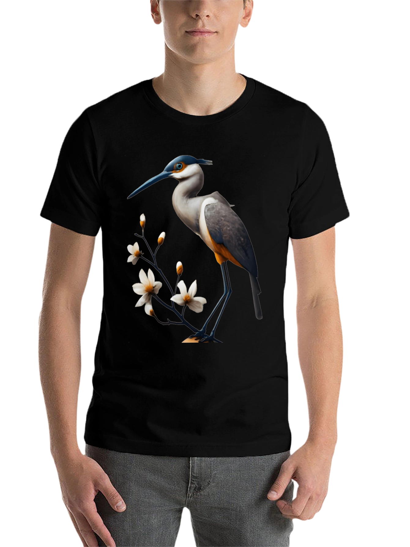 Black Heron & Blossom Graphic Tee - Stylish Bird Design view 7