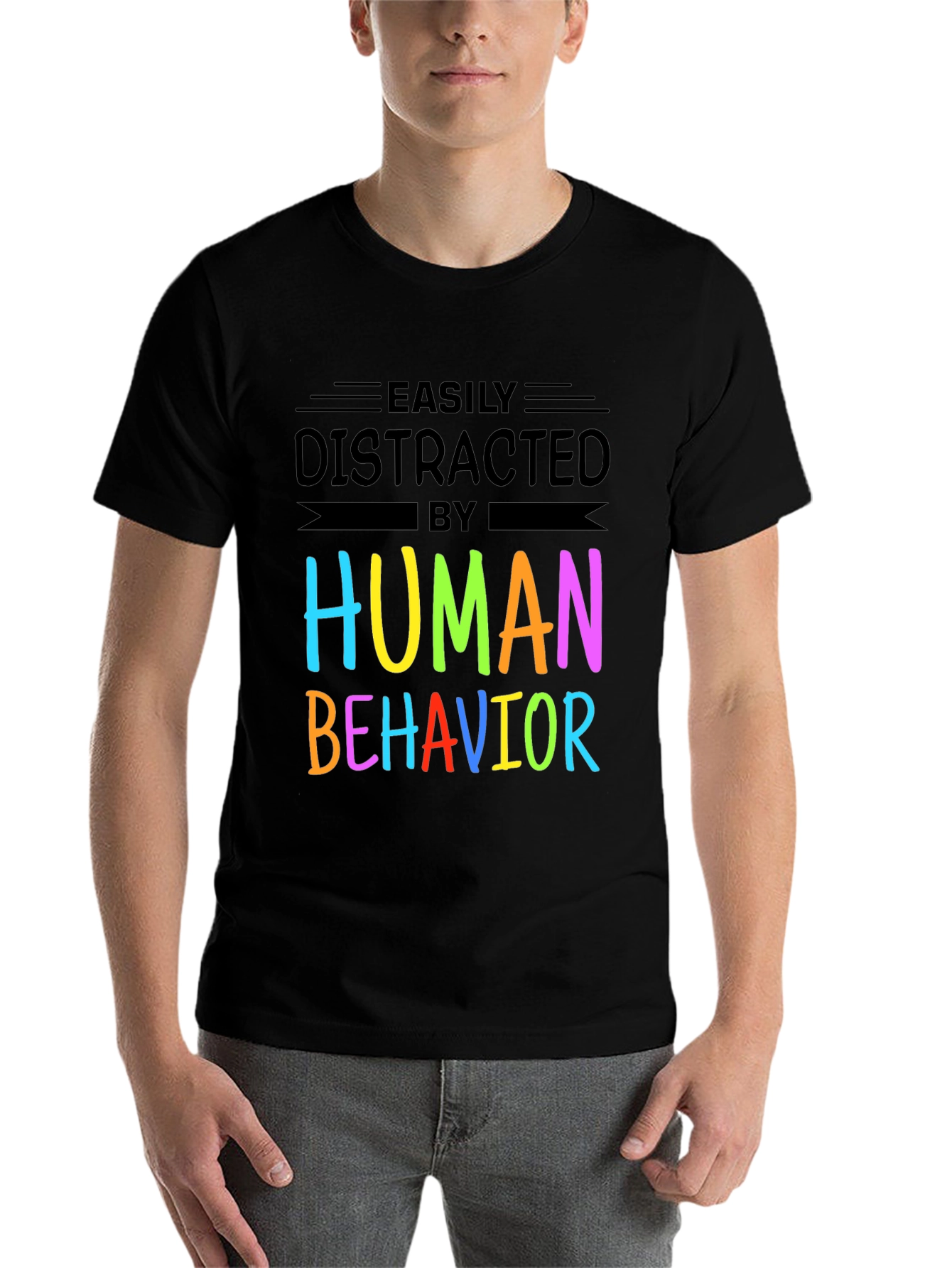 Black Easily Distracted By Human Behavior T-Shirt view 7