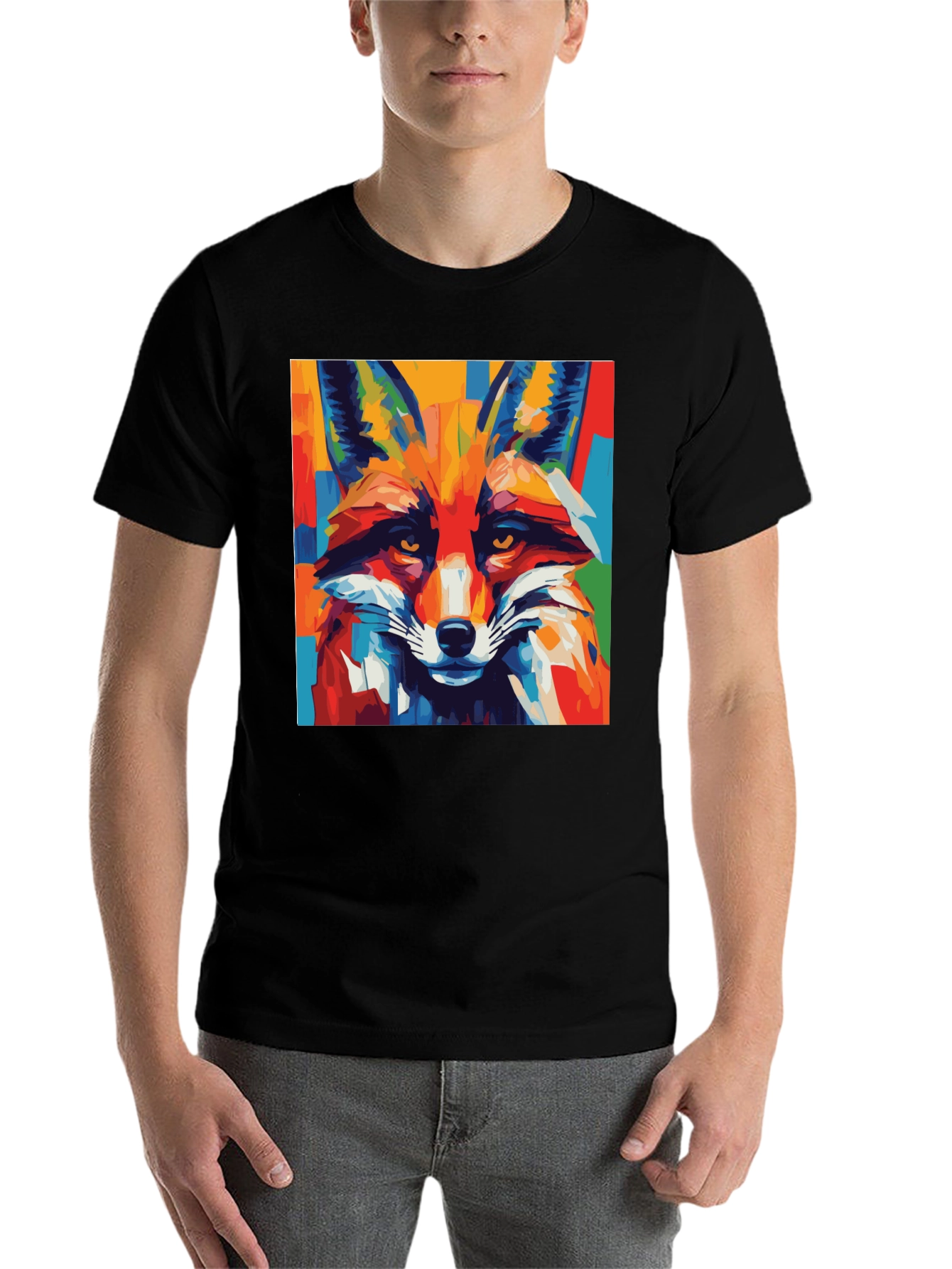 Black Abstract Fox Graphic Tee - Bold Animal Print Shirt view 7