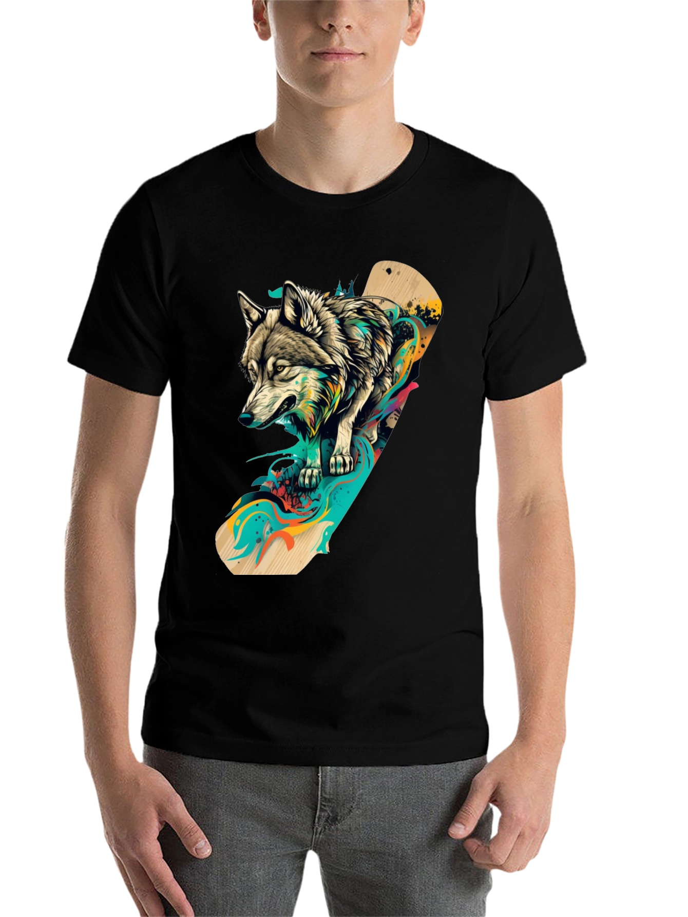 Black Wolf Skateboard Graphic Black T-Shirt view 7