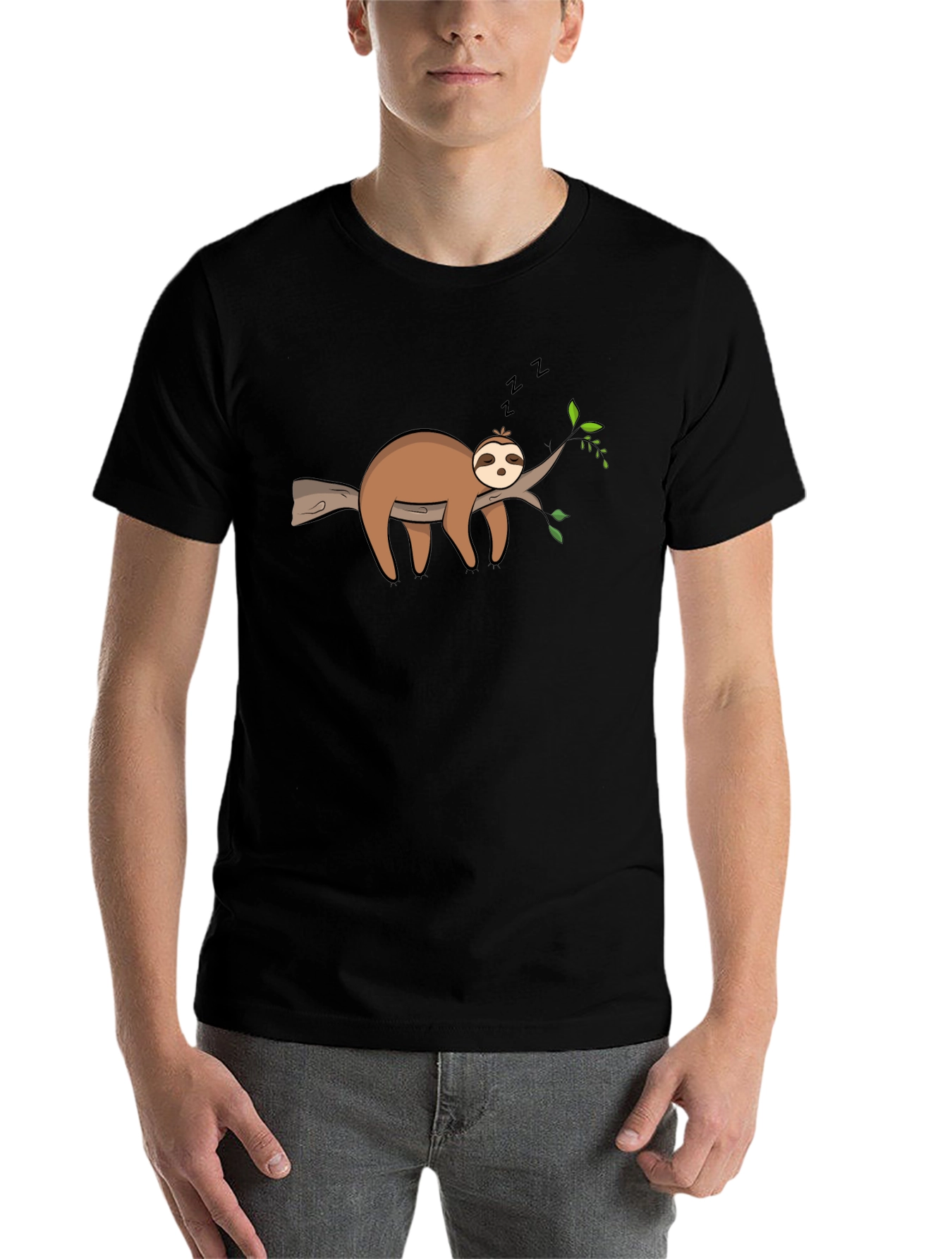 Black Cute Sleeping Sloth On Branch Graphic T-Shirt view 7