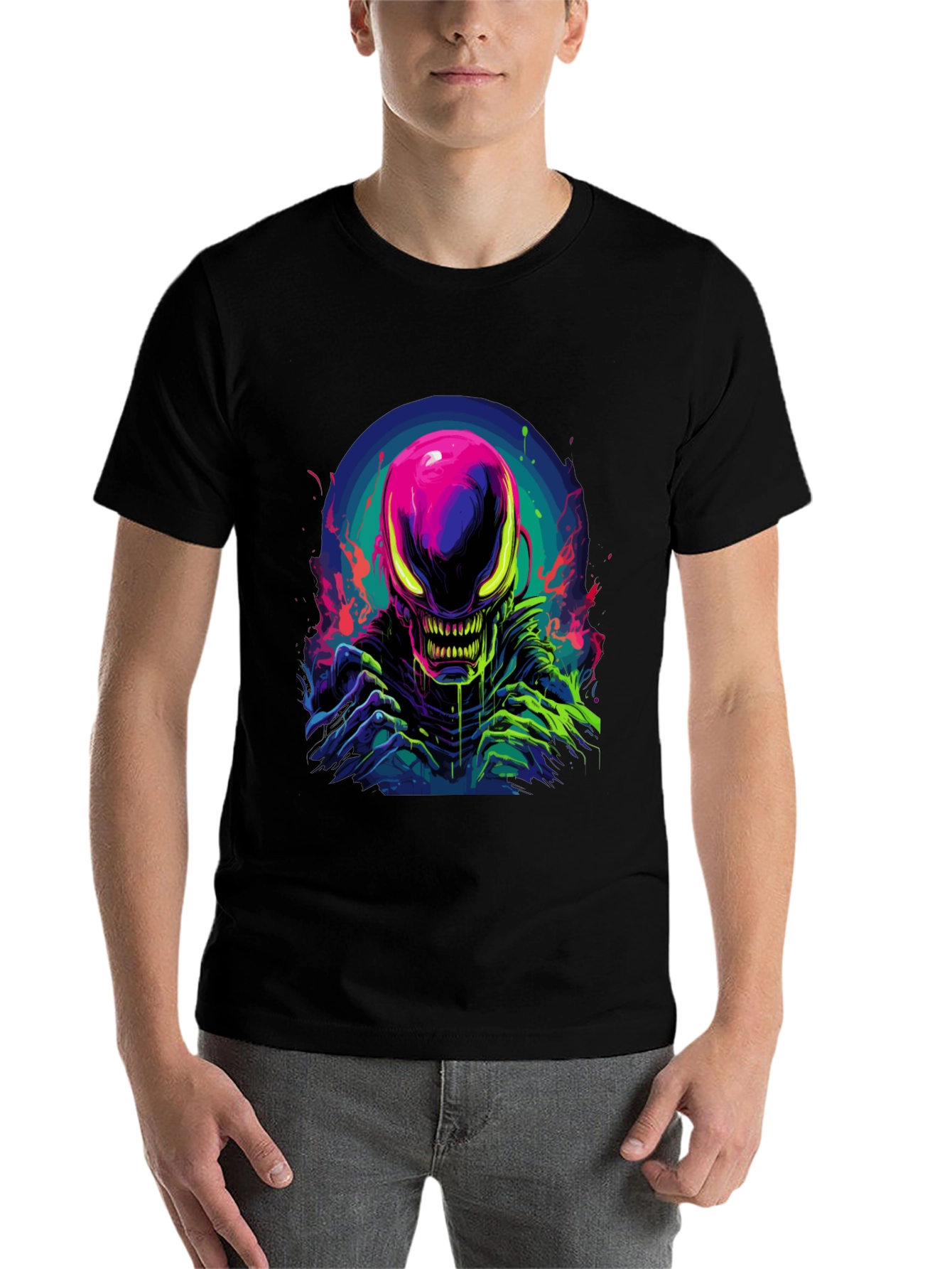 Black Neon Alien Graphic Black T-Shirt view 7