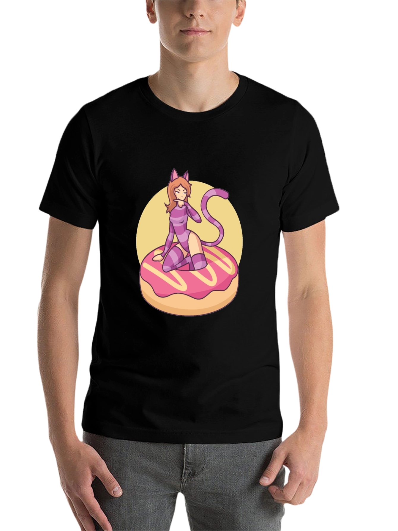 Black Black T-Shirt with Cat Girl on Donut Design view 7