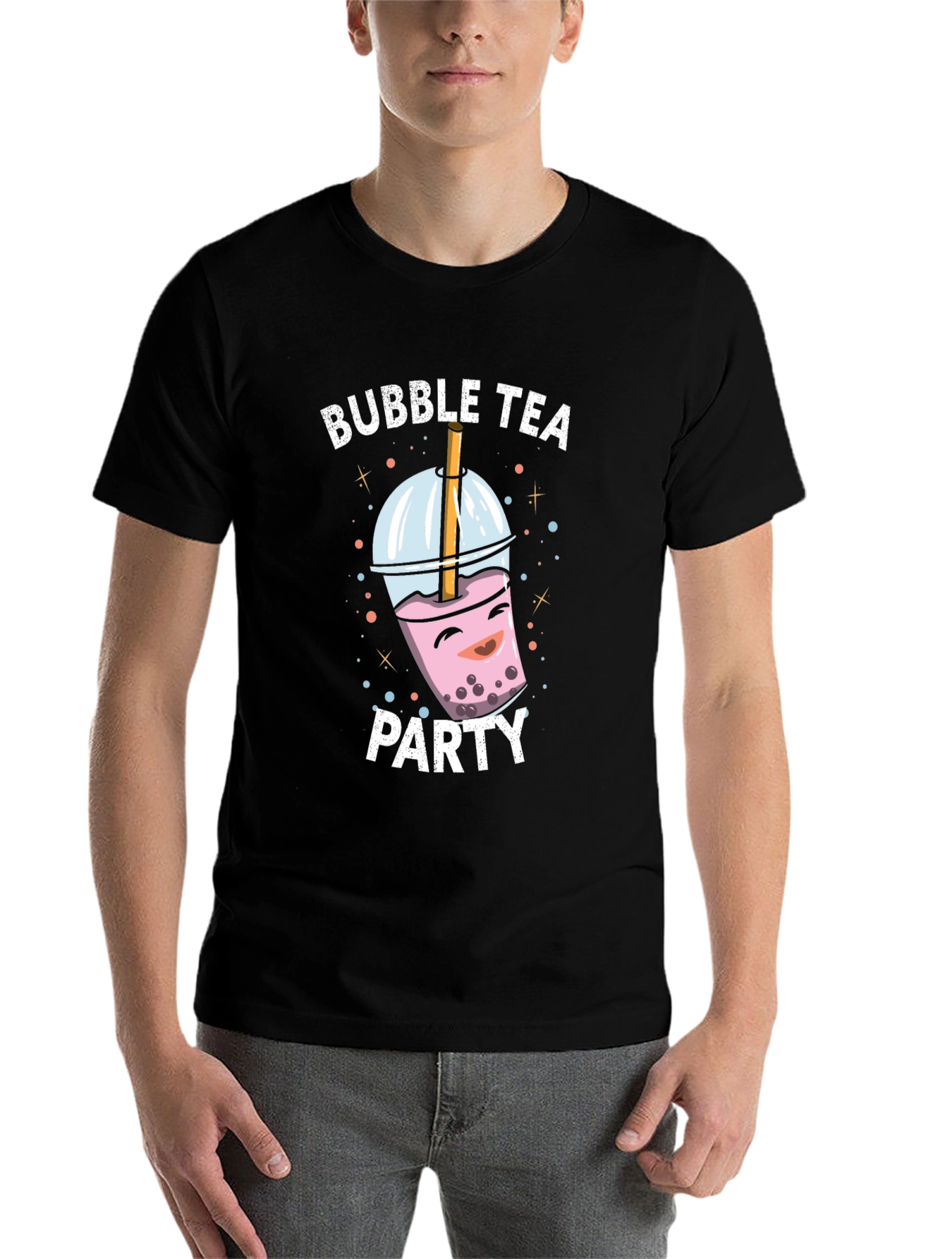 Black Bubble Tea Party Graphic Tee - Black Cotton T-Shirt view 7