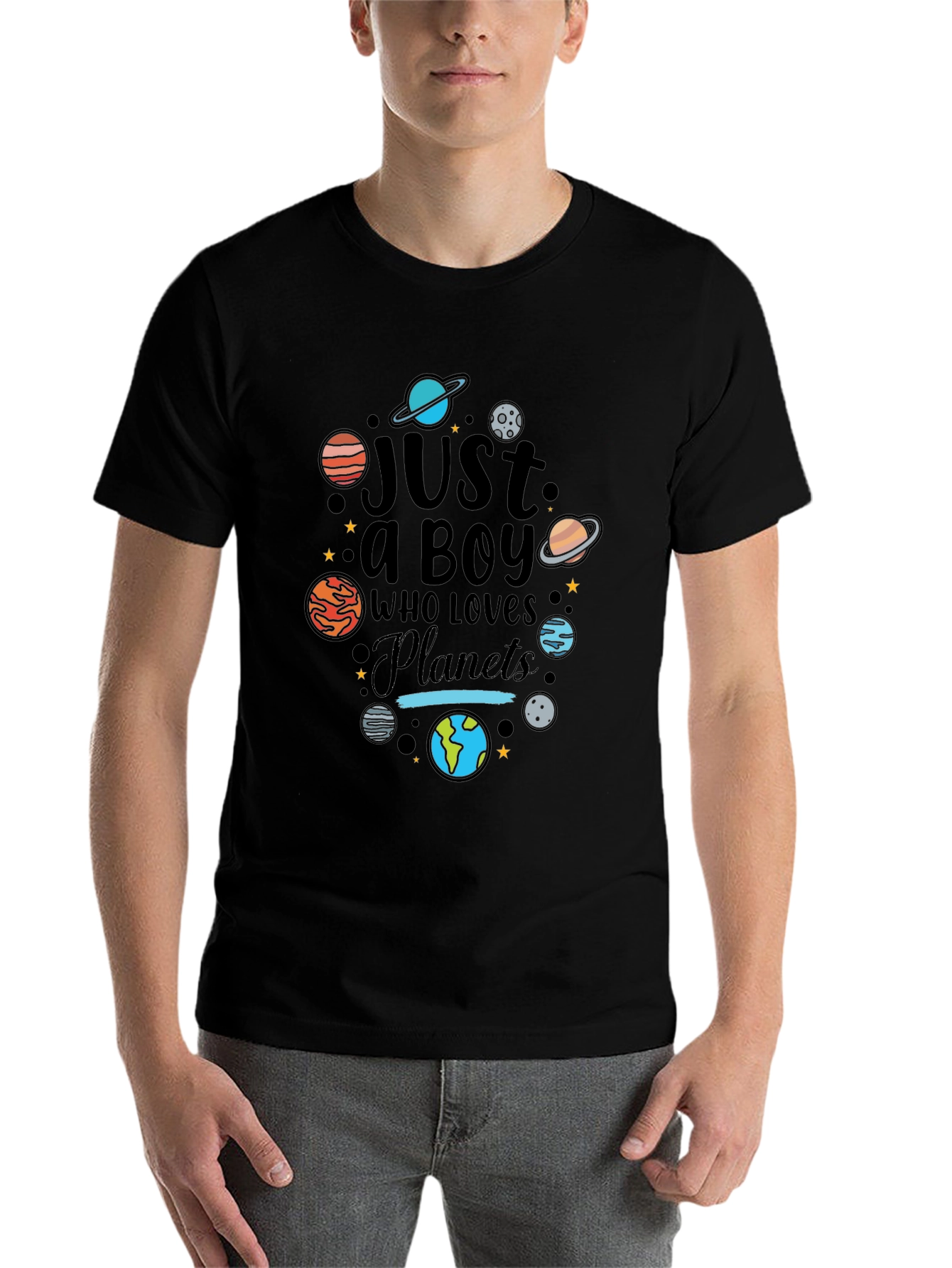 Black Just a Boy Who Loves Planets Graphic T-Shirt view 7