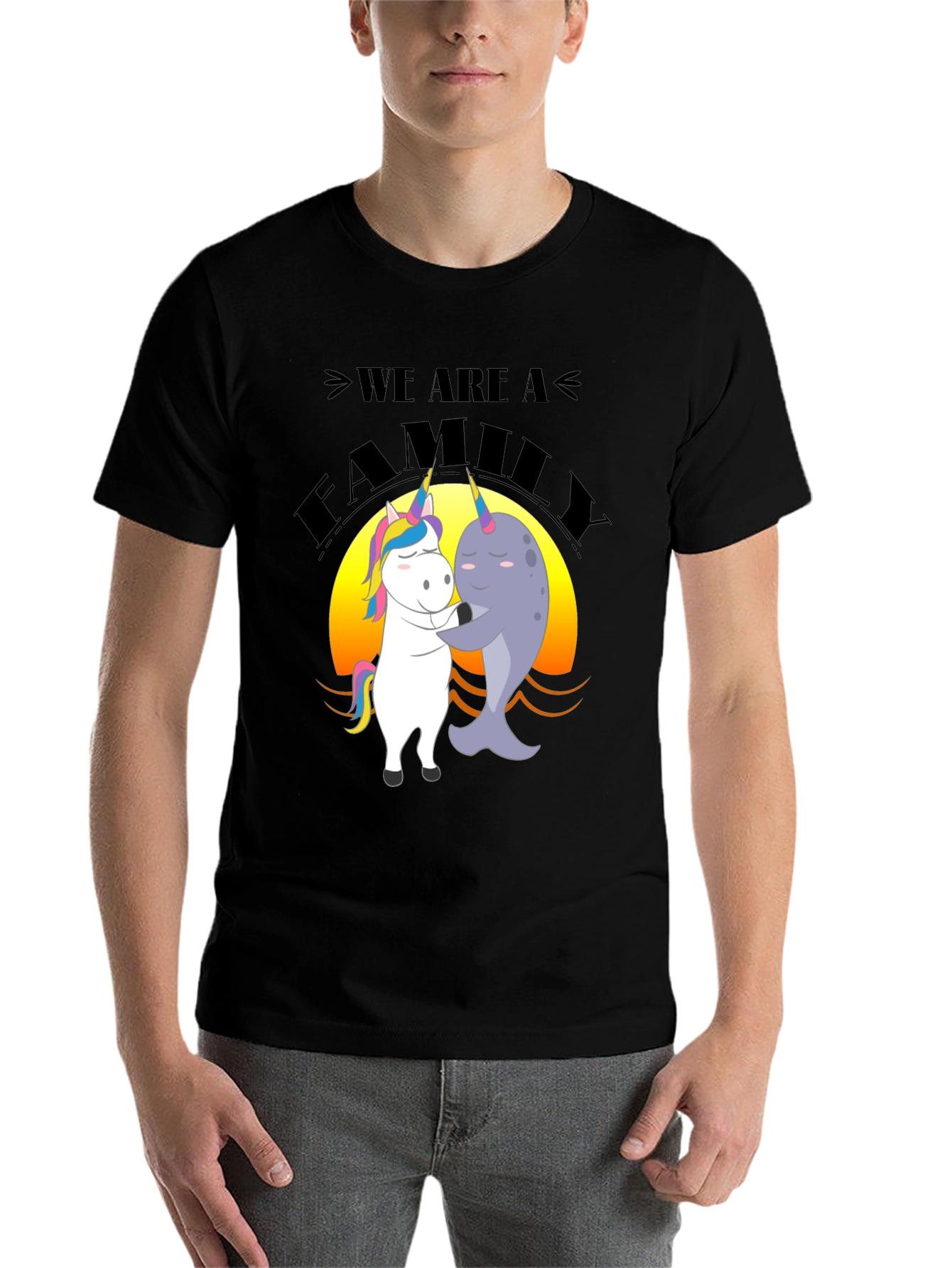 Black Unicorn and Narwhal Family T-Shirt view 7