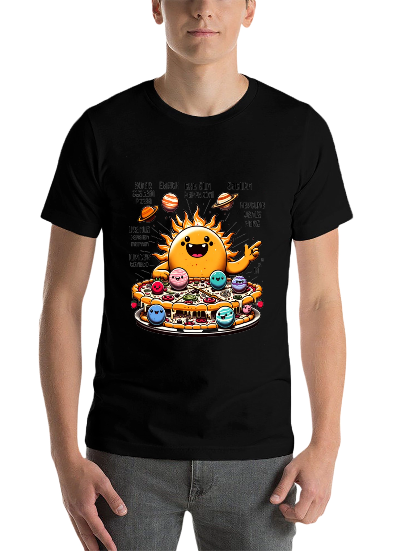 Black Solar System Pizza Funny Graphic Tee view 7