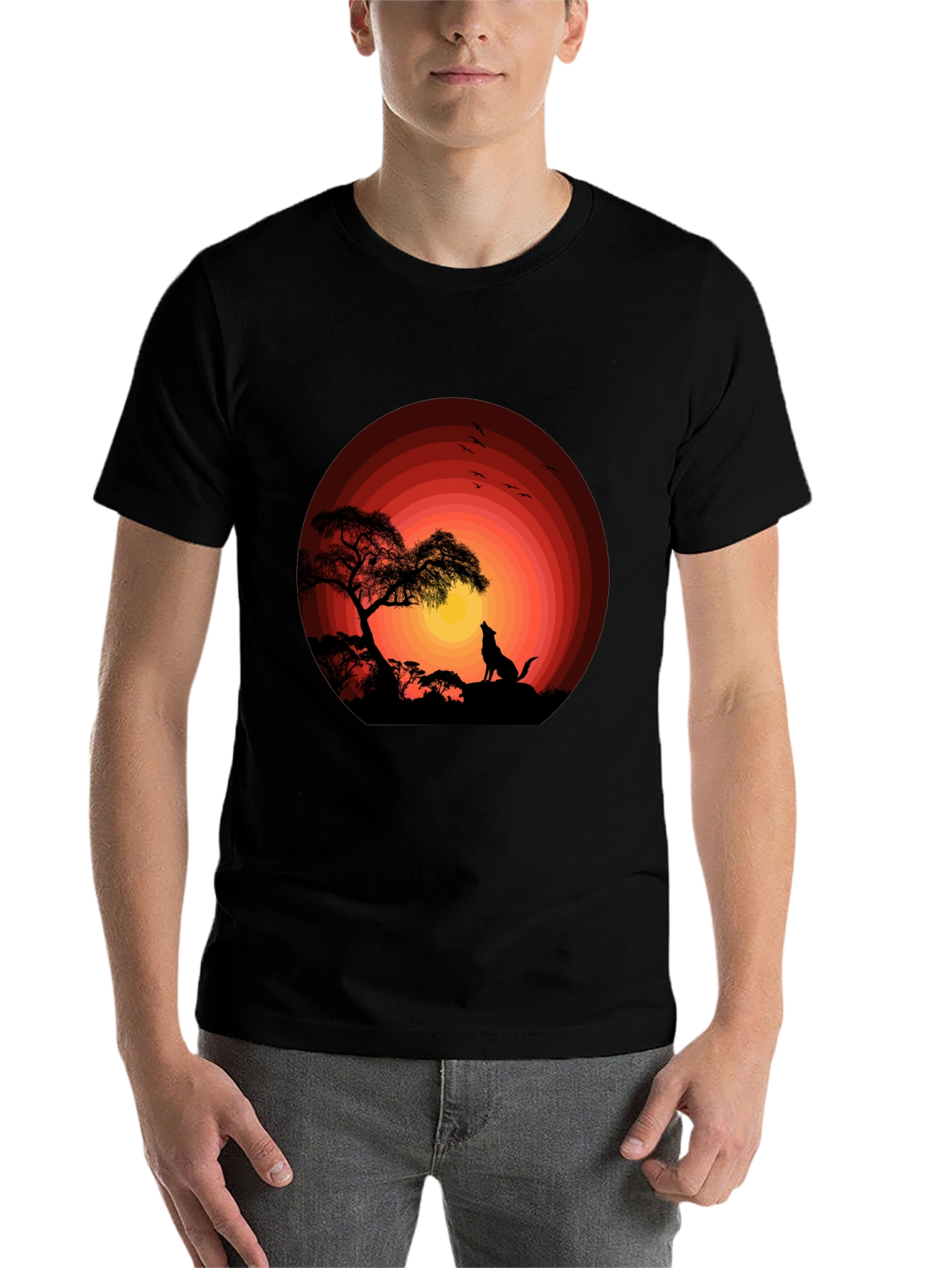 Black Wolf Sunset Graphic Tee - Black Cotton T-Shirt view 7