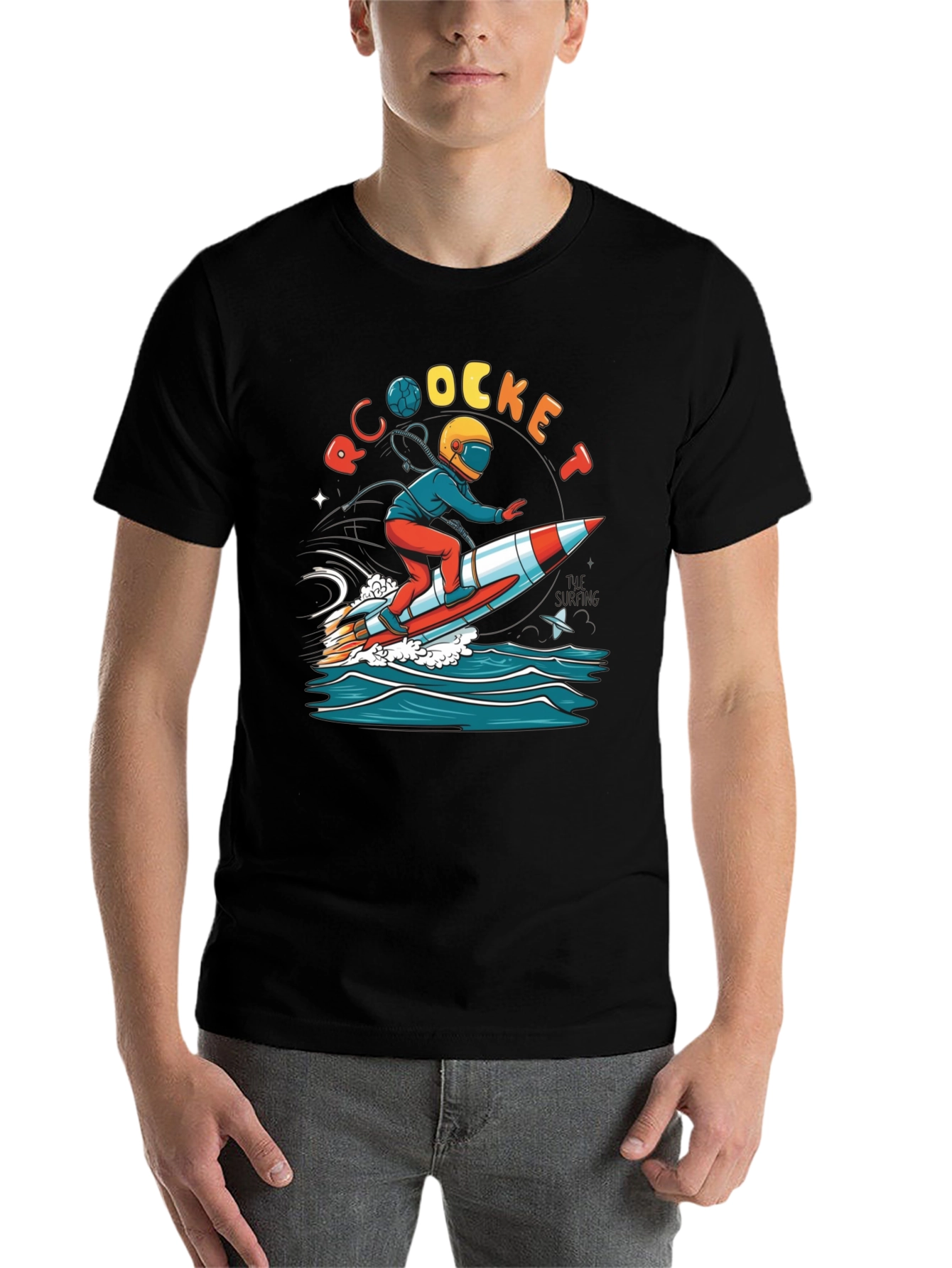 Black Rocket Surfing T-Shirt - Unique Graphic Tee view 7