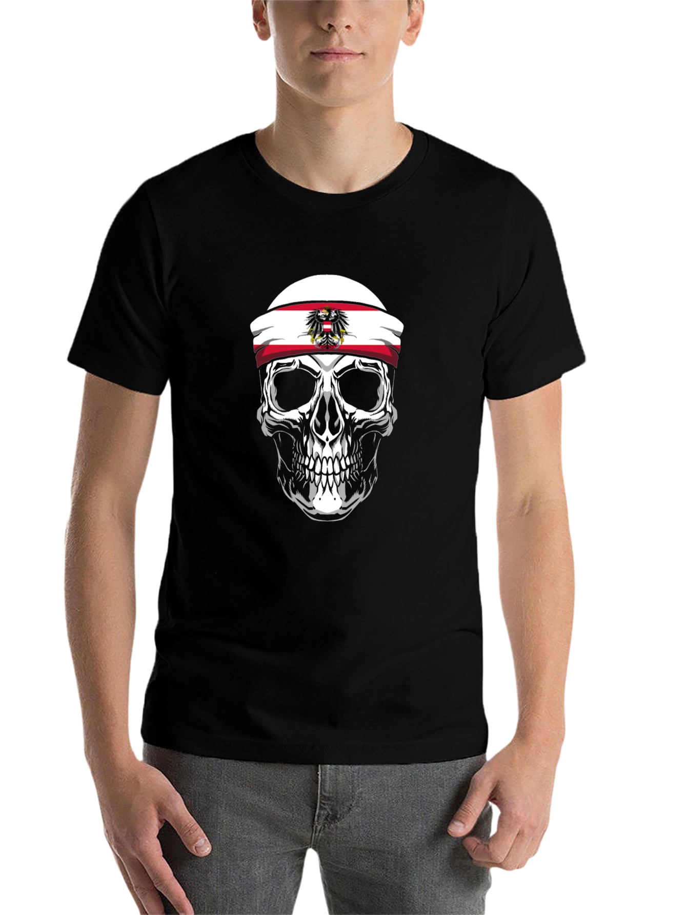 Skull with Austrian Flag Headband Black T-Shirt - 7