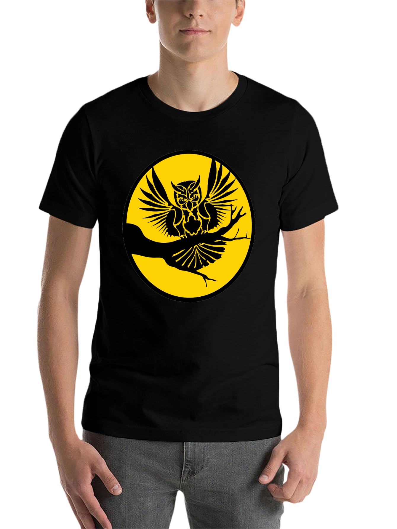 Black Owl on Branch Graphic Tee - Men's Black T-Shirt view 7