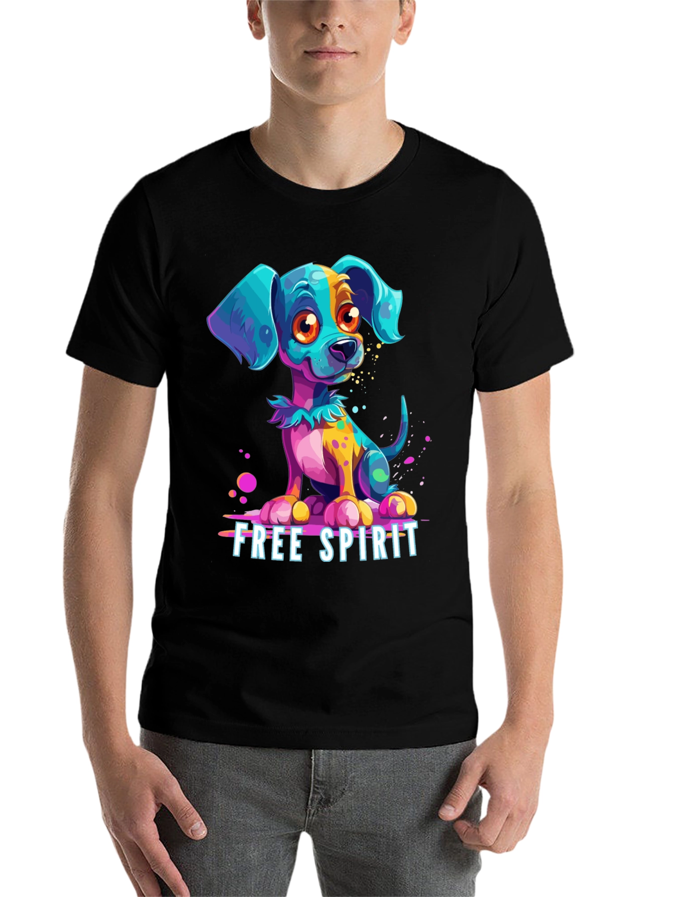 Black Free Spirit Dog Graphic Tee - Unique Colorful Puppy Design view 7