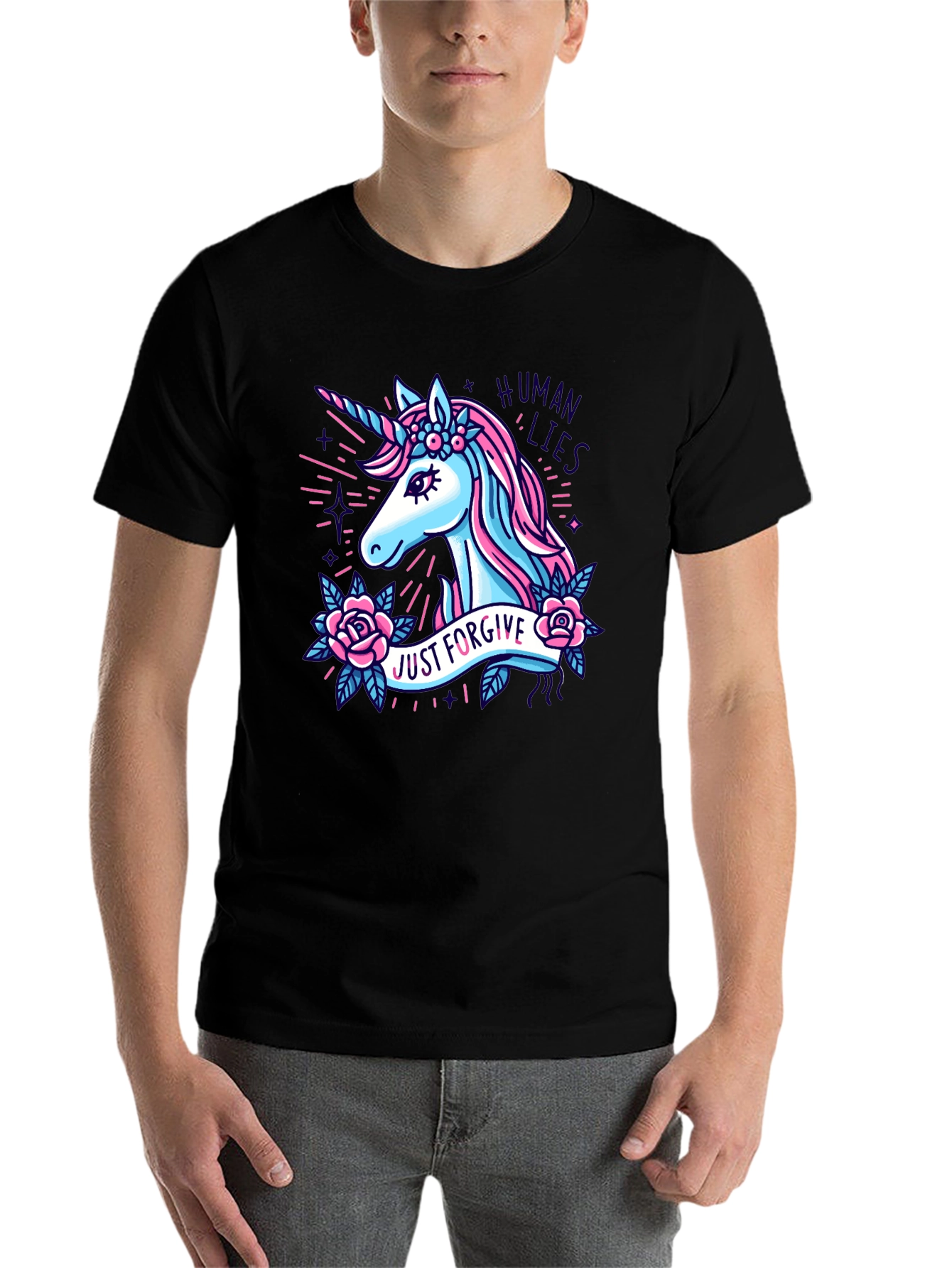 Black Unicorn Graphic T-Shirt - "Just Forgive Human Lies" view 7