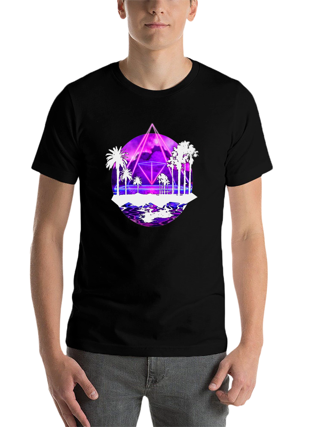 Black Retro Wave Tee: Synthwave Palm Tree Design view 7