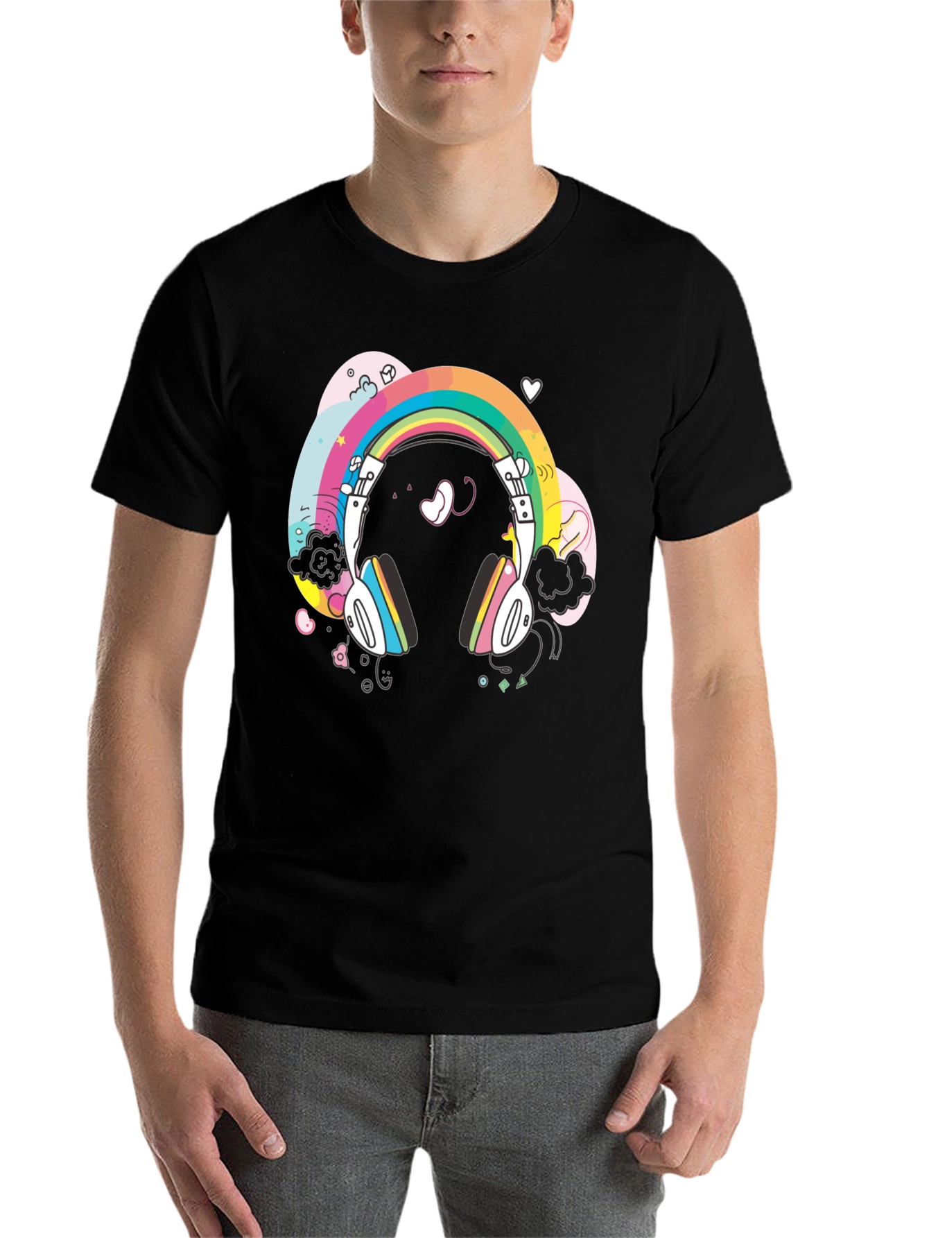 Black Rainbow Headphones Graphic Tee - Black Cotton T-Shirt view 7