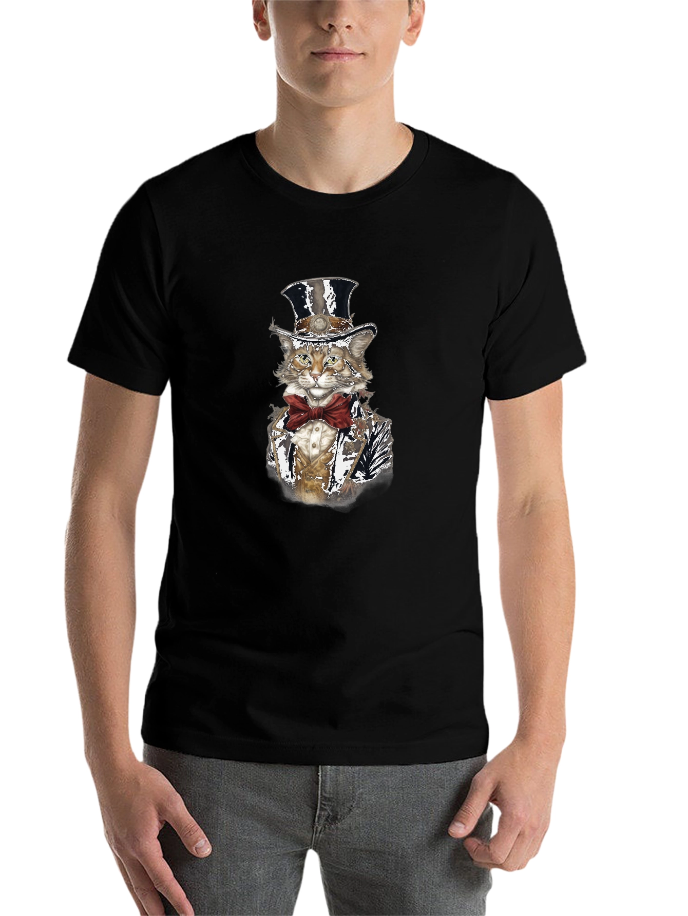 Black Gentleman Cat T-Shirt - Top Hat & Bowtie view 7
