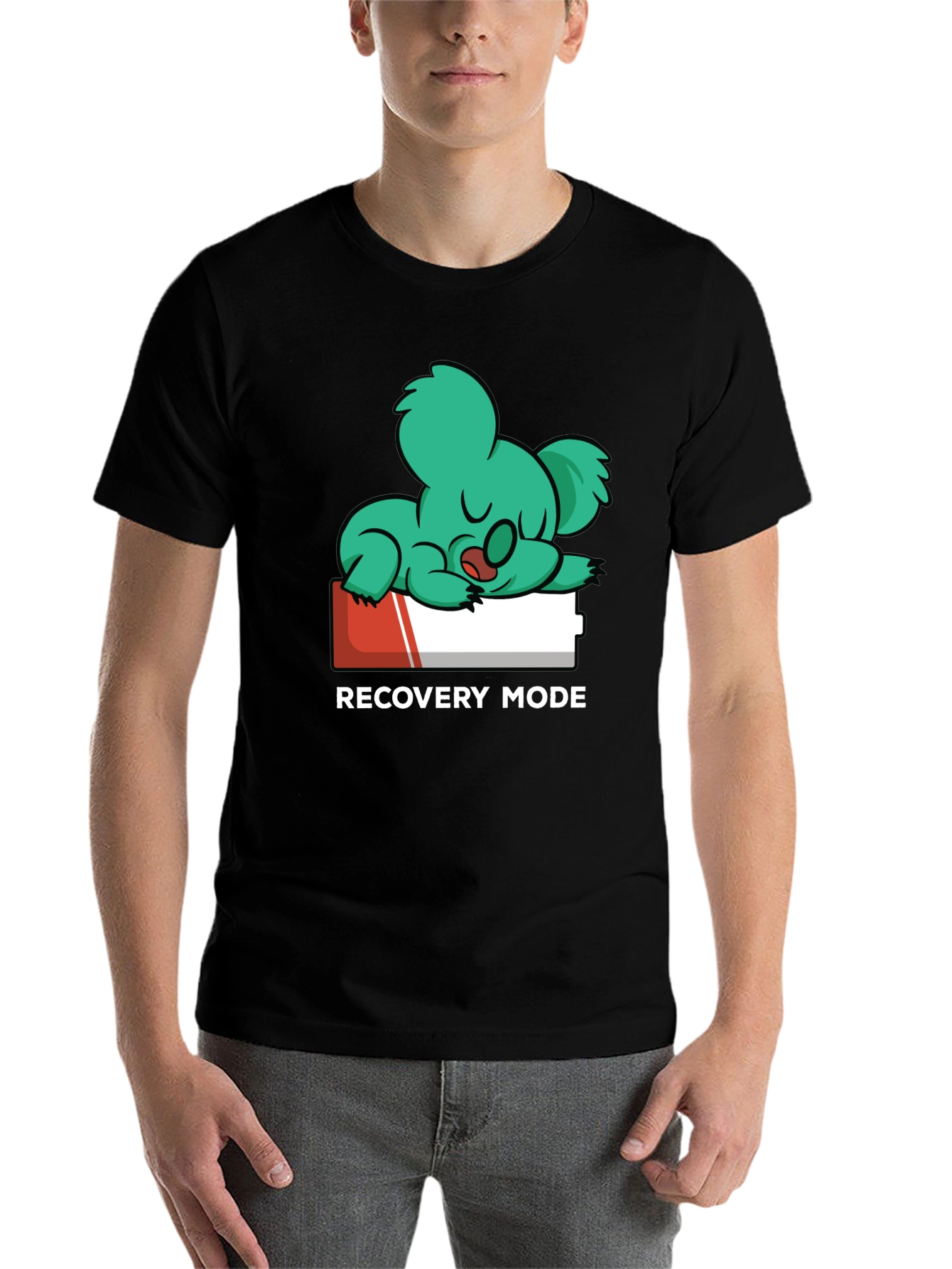 Black Recovery Mode T-Shirt: Sleepy Koala on Low Battery view 7