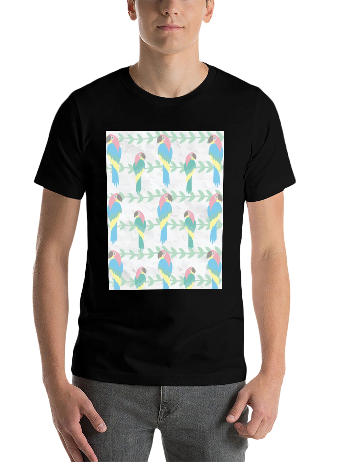 Black Parrot Pattern Black T-Shirt view 7
